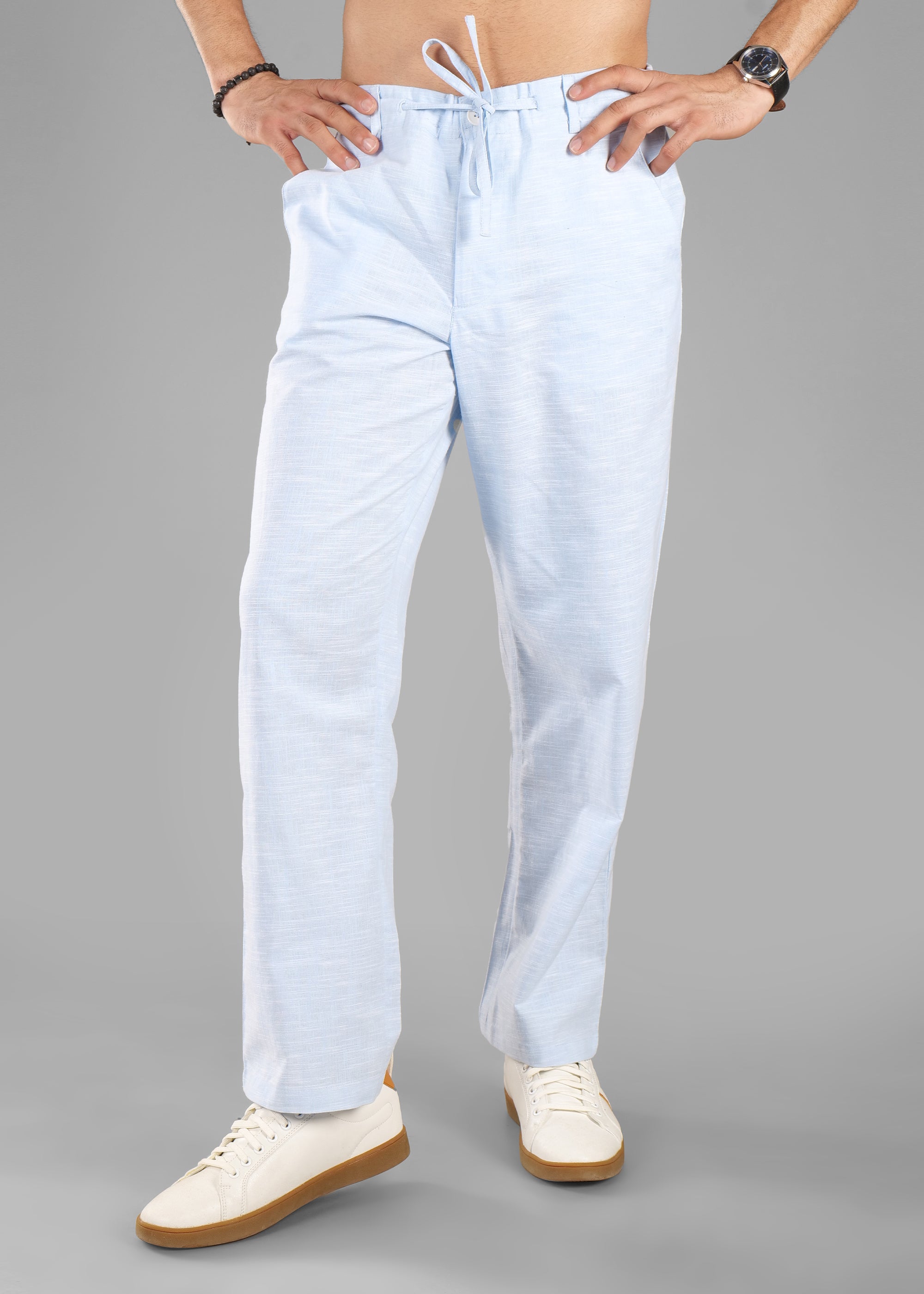 Sky Blue Linen-Blend Relaxed Pants | Unhynged