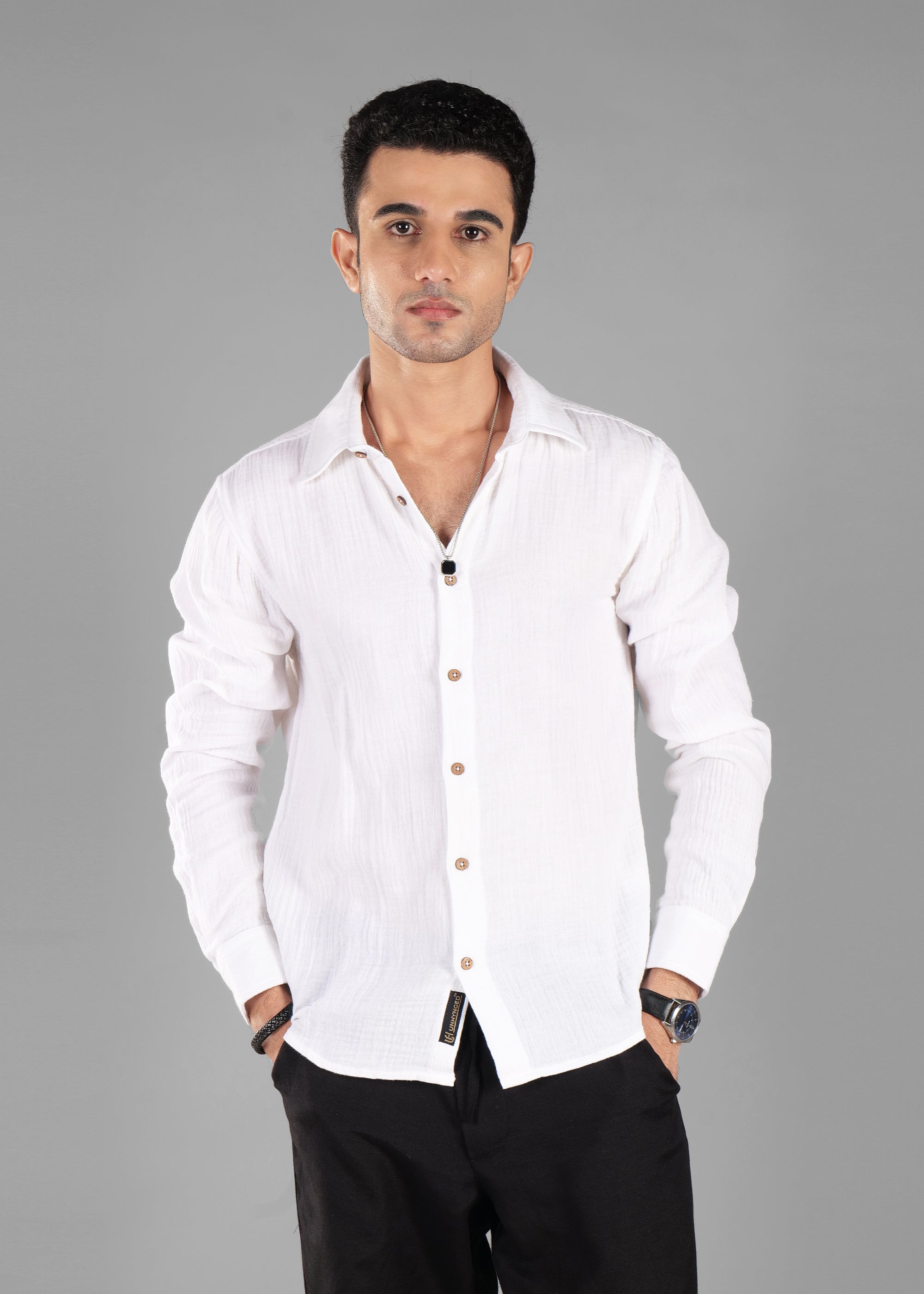 White Long Sleeve Crinkled Cotton Shirt for Men