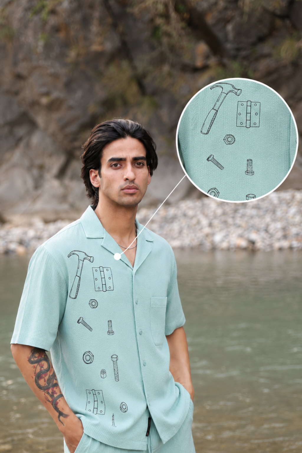 Granite Green Hynges Seersucker Textured Cuban Collar Shirt for Men