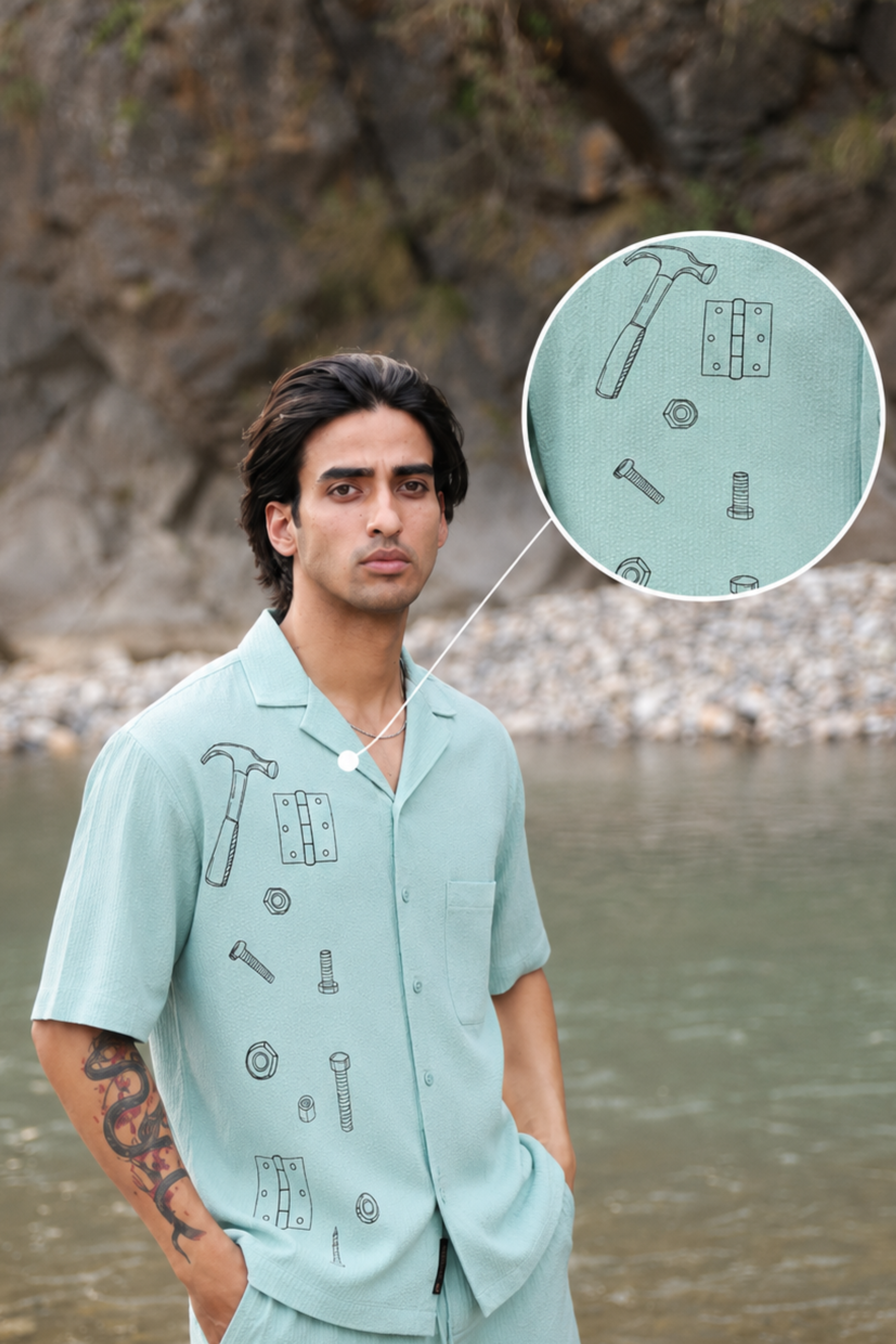 Granite Green Hynges Seersucker Textured Cuban Collar Shirt for Men