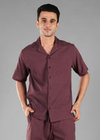 Coffee Bean Seersucker Textured Cuban Collar Shirt for Men
