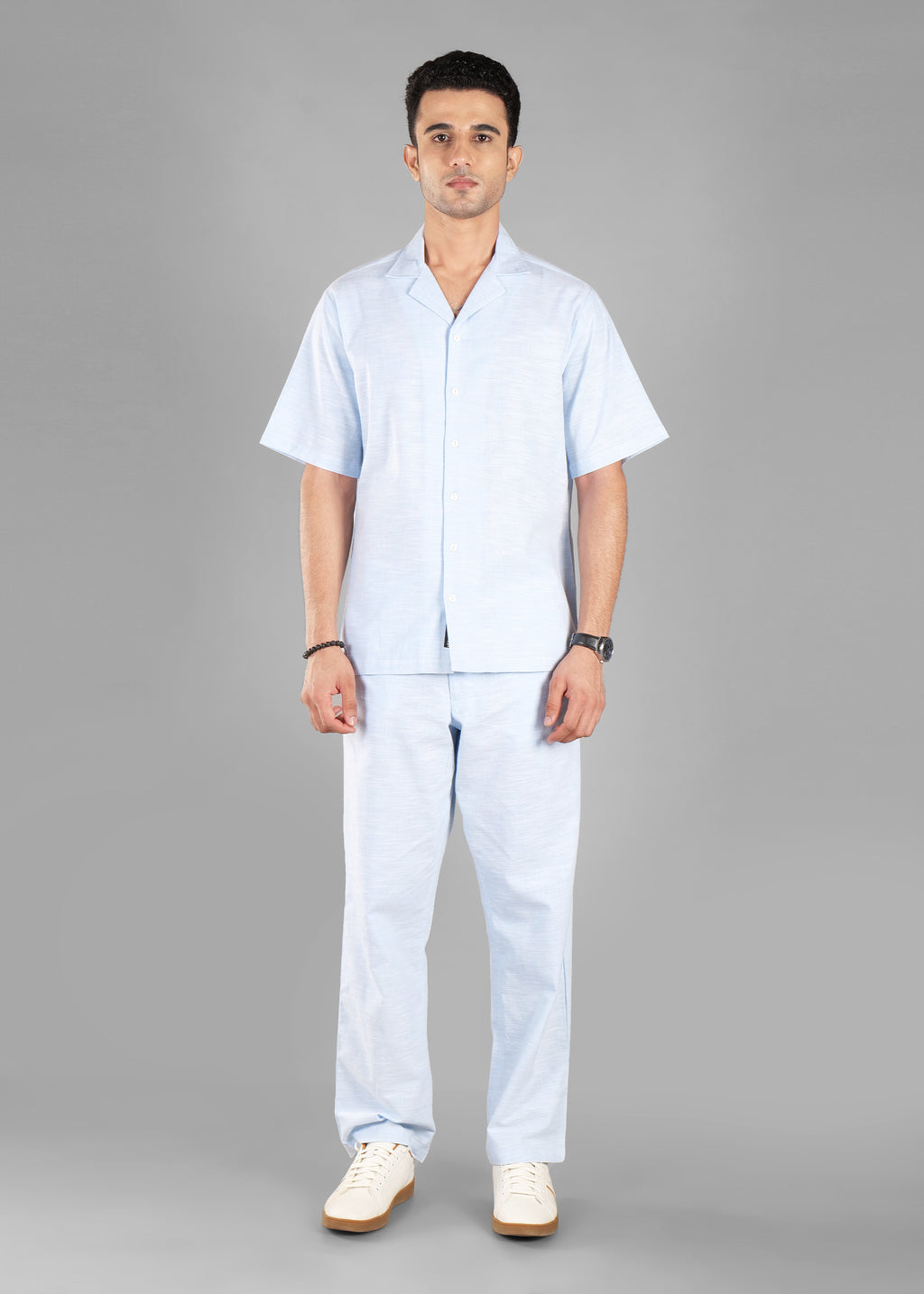 Sky Blue Linen-Blend Cuban Collar Co-ord Set for Men | Unhynged