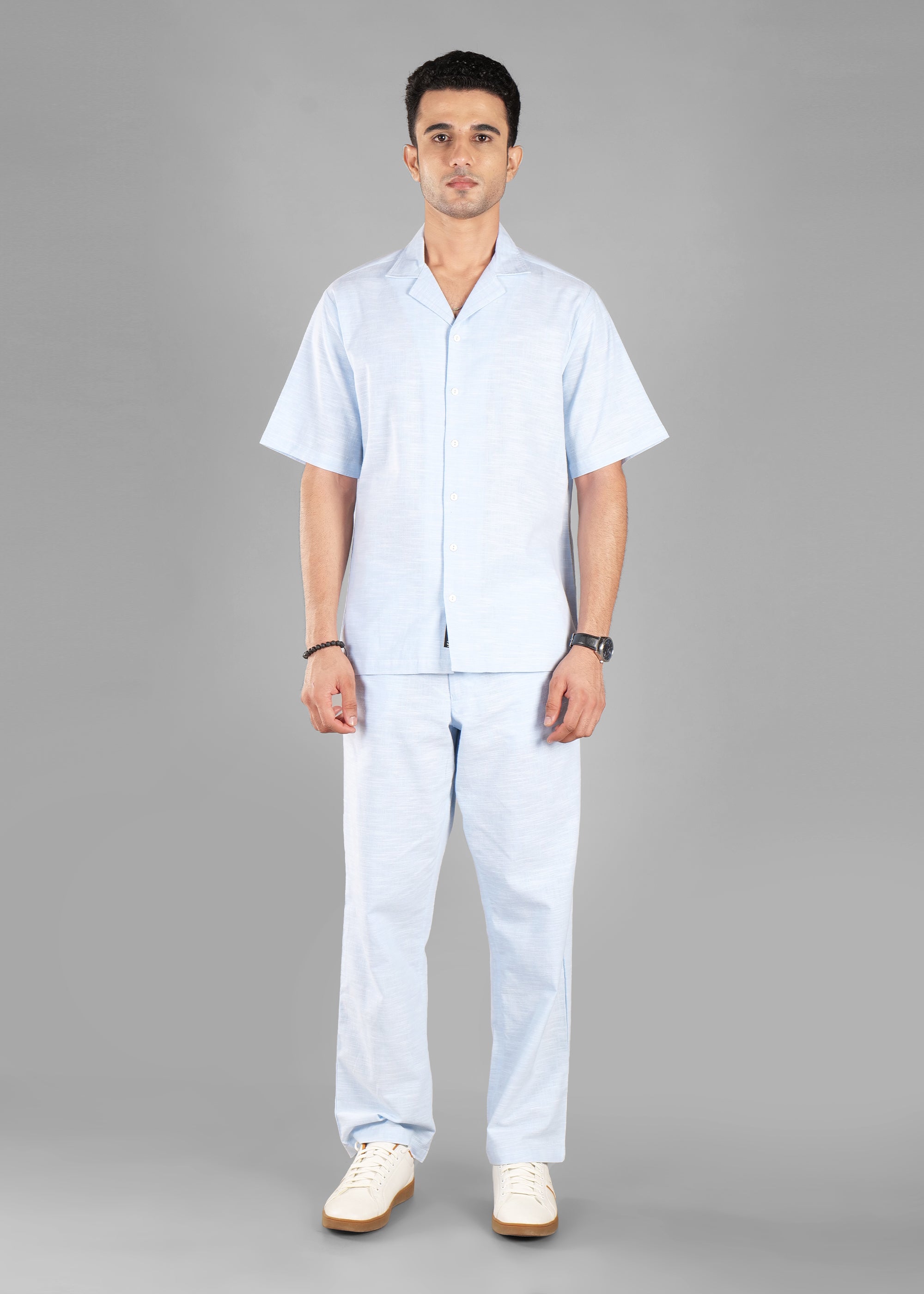 Sky Blue Linen-Blend Cuban Collar Co-ord Set for Men | Unhynged
