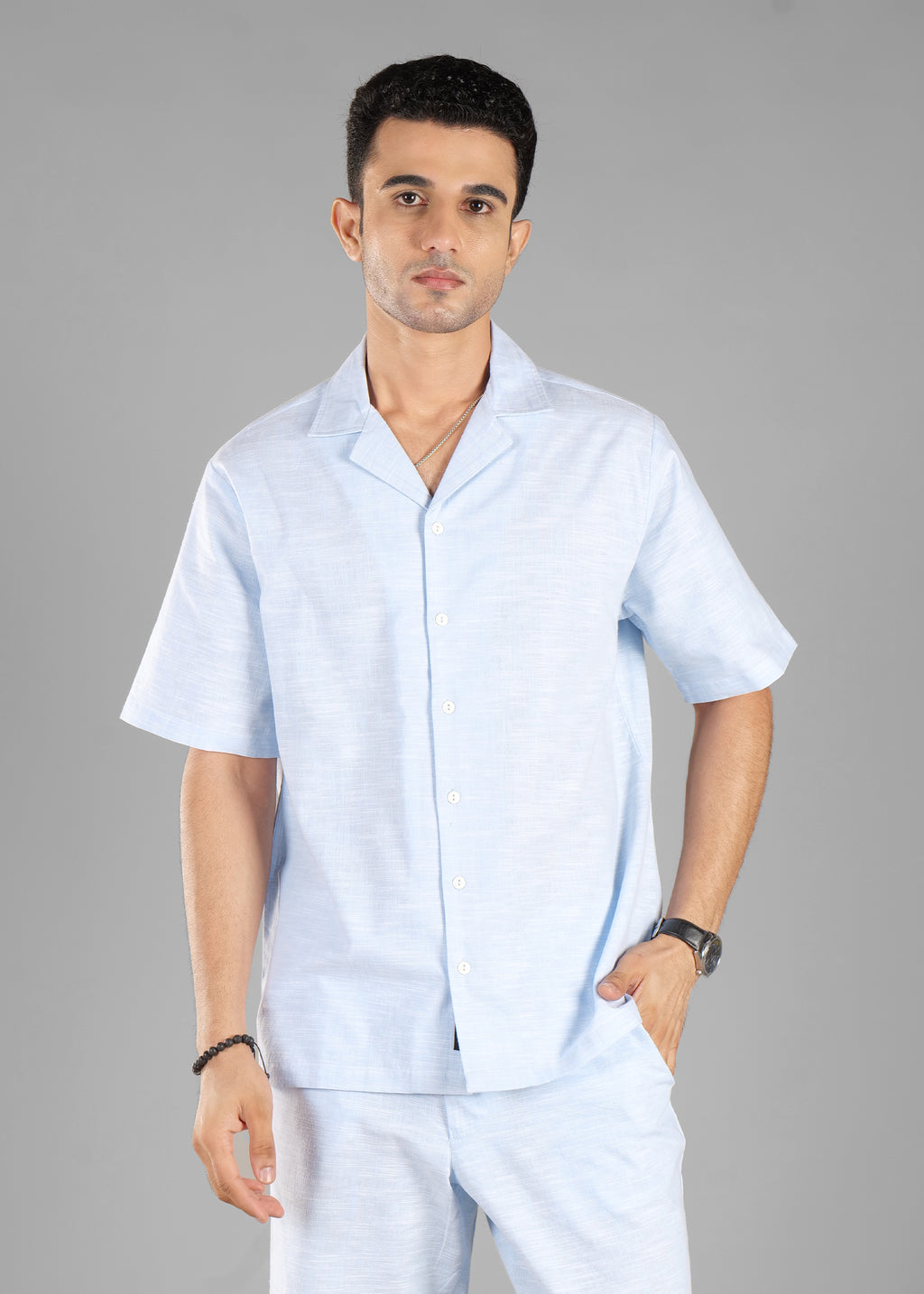 Sky Blue Cuban Collar Shirt for Men