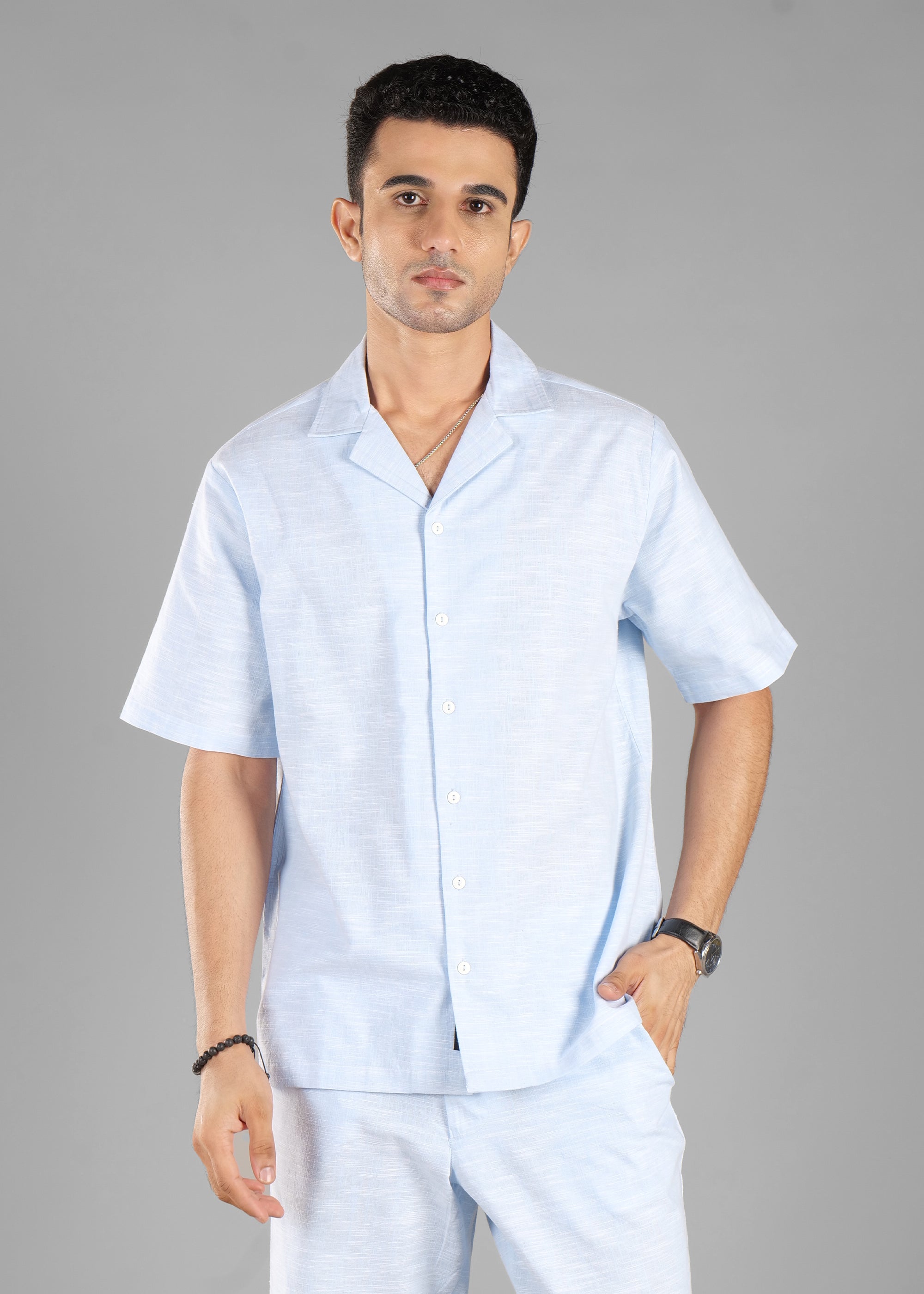 Sky Blue Cuban Collar Shirt for Men