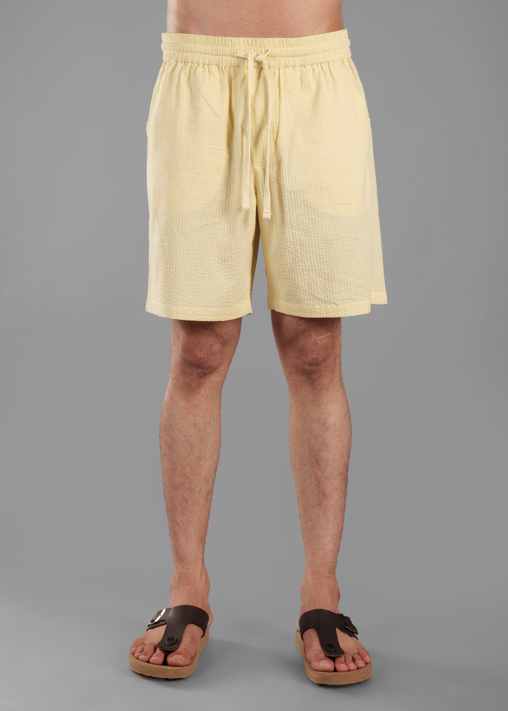Butter Yellow Textured Cotton Shorts for Men