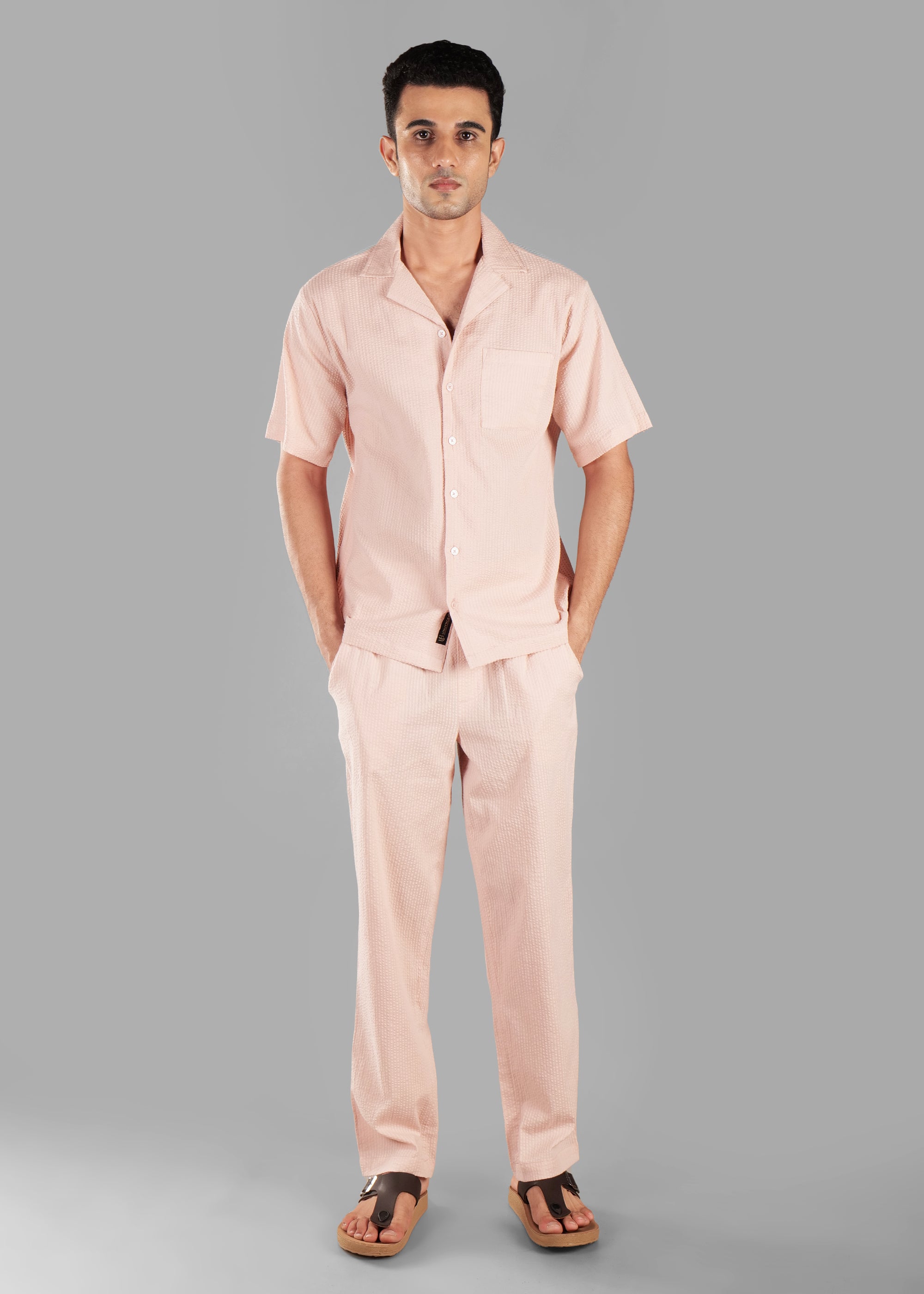 Rosy Brown Textured Cuban Collar Co-ord Set