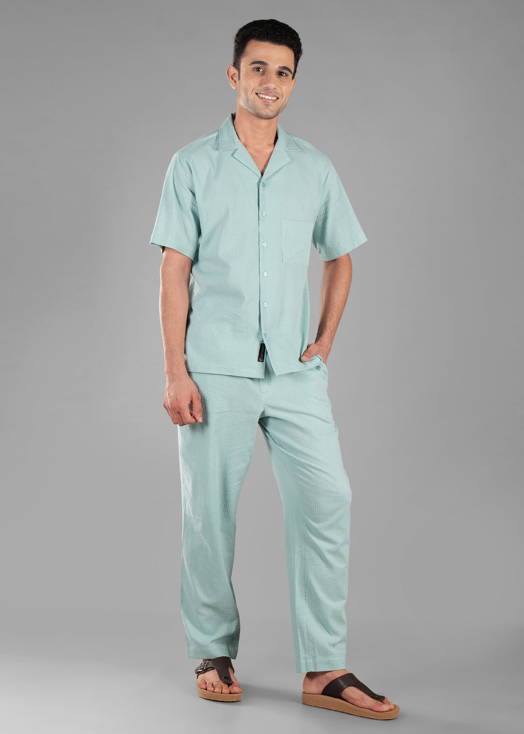 Granite Green Textured Cuban Collar Co-ord Set for Men | Stay Unhynged