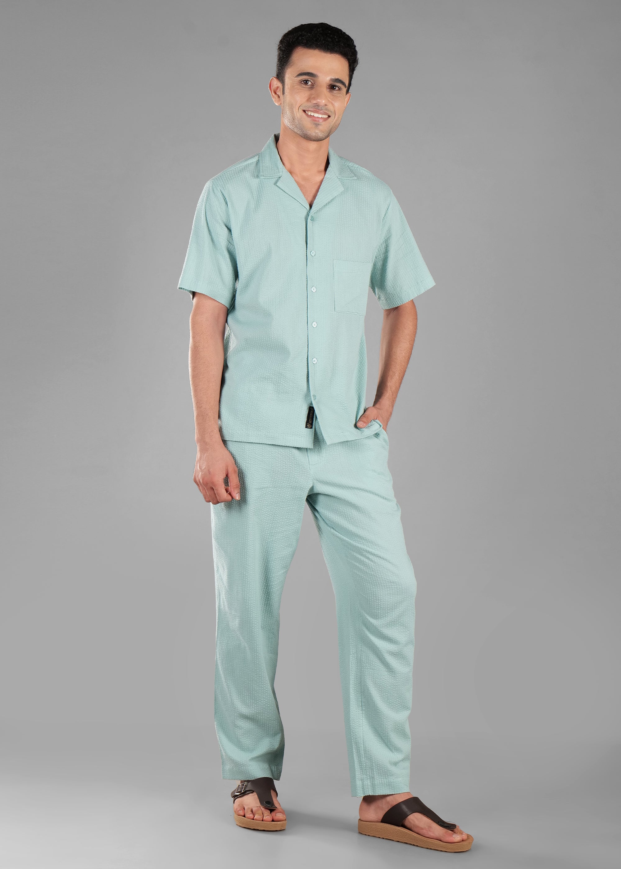 Granite Green Textured Cuban Collar Co-ord Set for Men | Stay Unhynged
