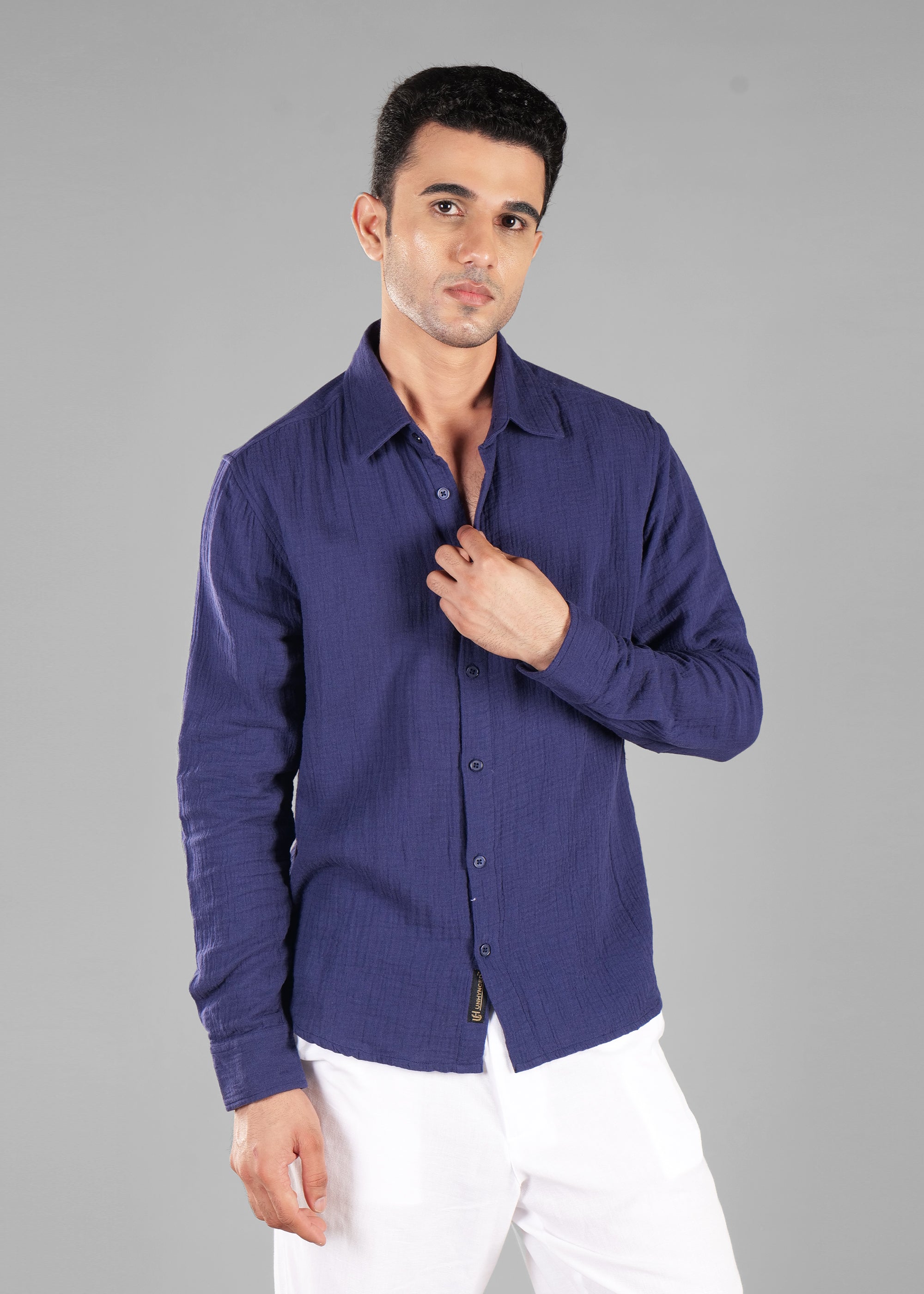 Navy Long Sleeve Crinkled Cotton Shirt for Men