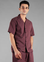 Coffee Bean Seersucker Textured Cuban Collar Shirt for Men