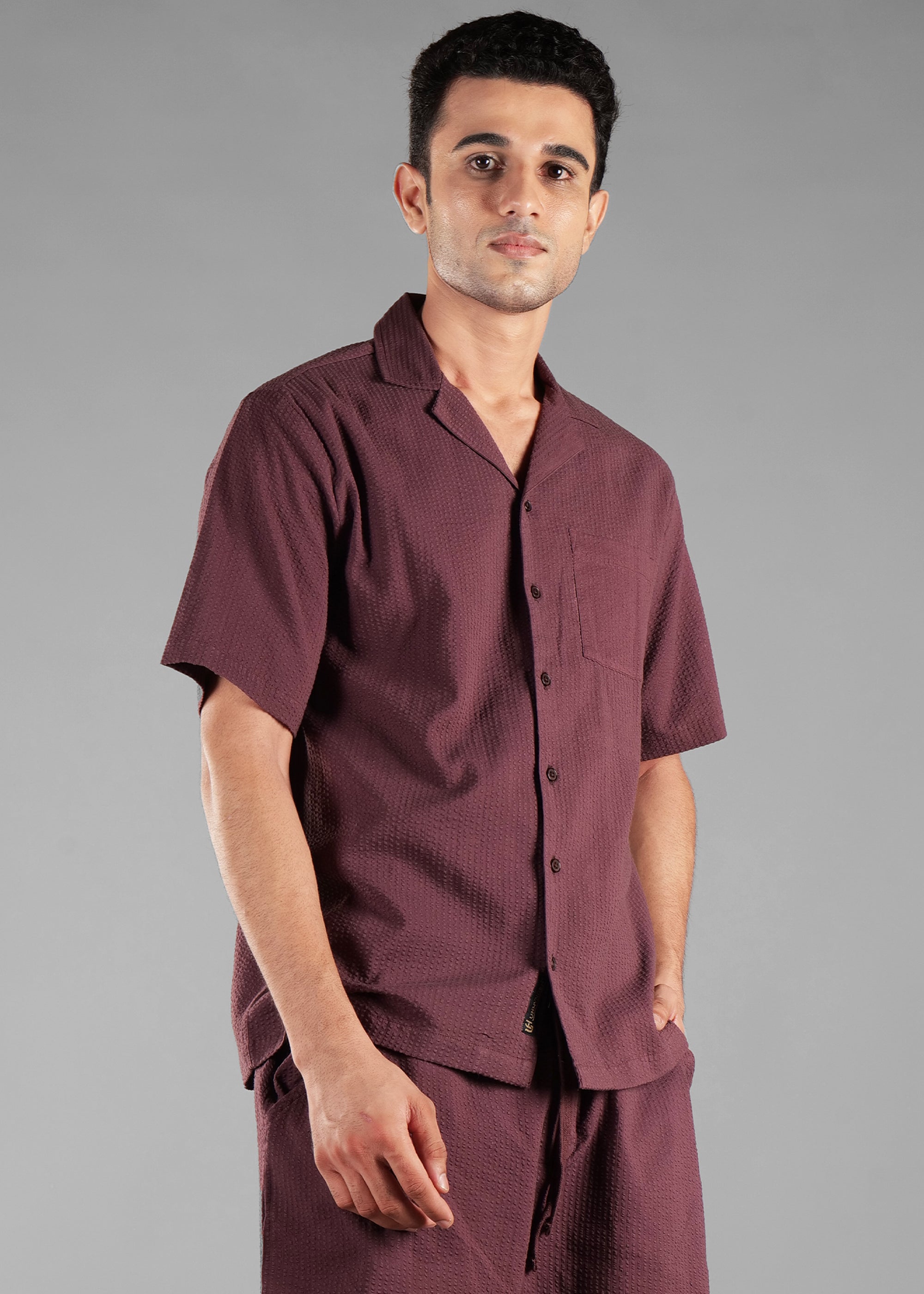 Coffee Bean Seersucker Textured Cuban Collar Shirt for Men