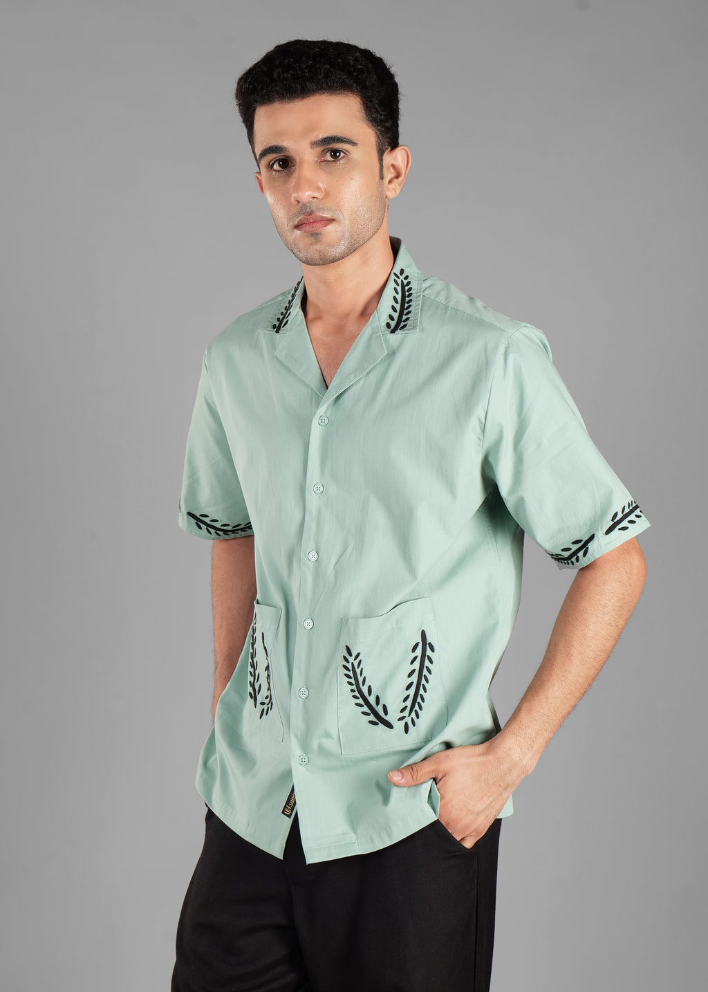 Turkish Green Embroidered Cotton Shirt for Men