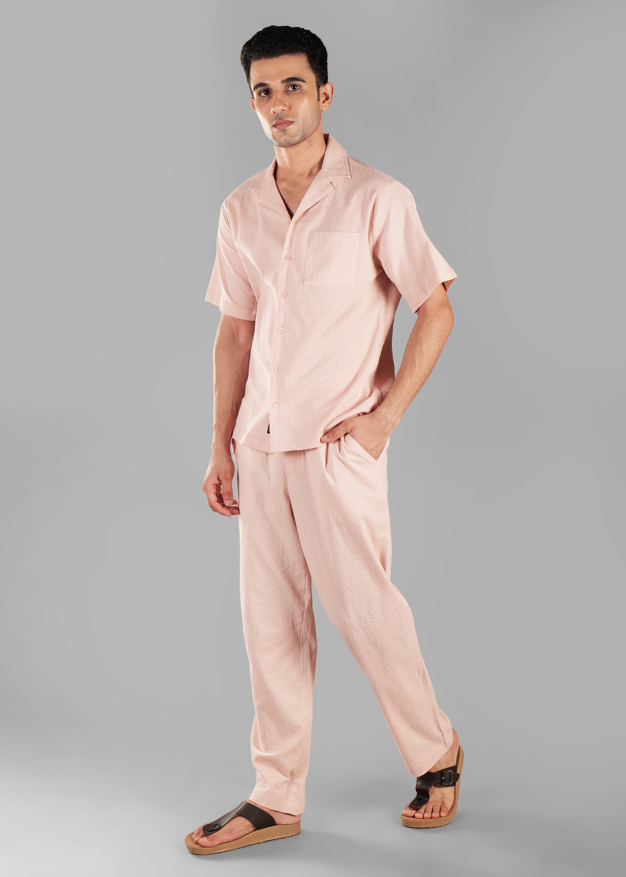 Rosy Brown Textured Cuban Collar Co-ord Set