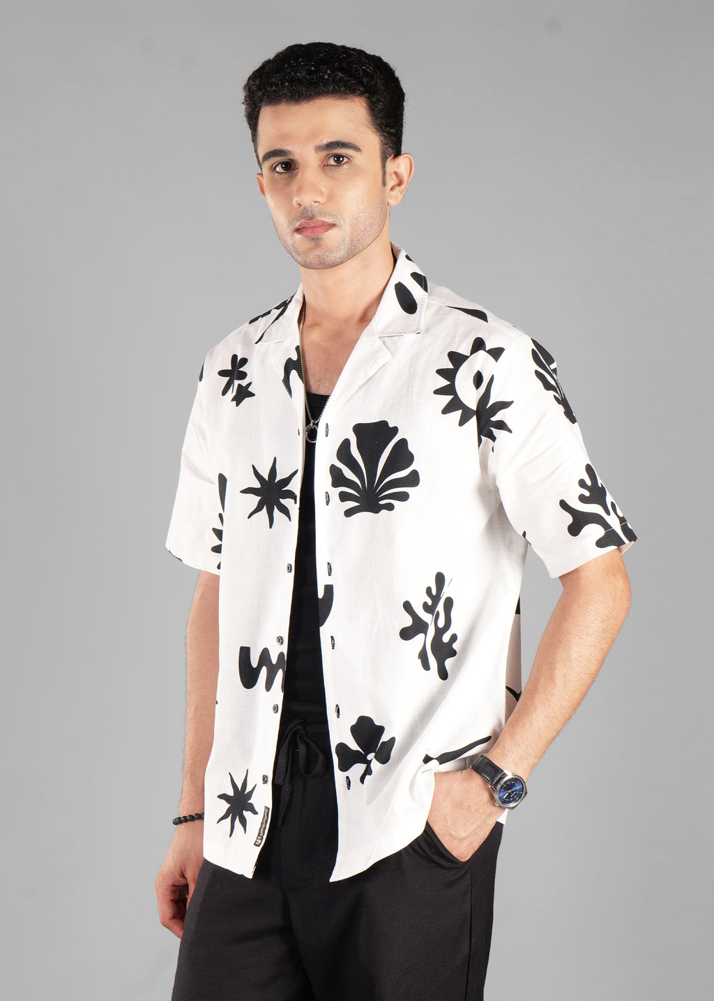 Black and White Printed Cuban Collar Shirt for Men