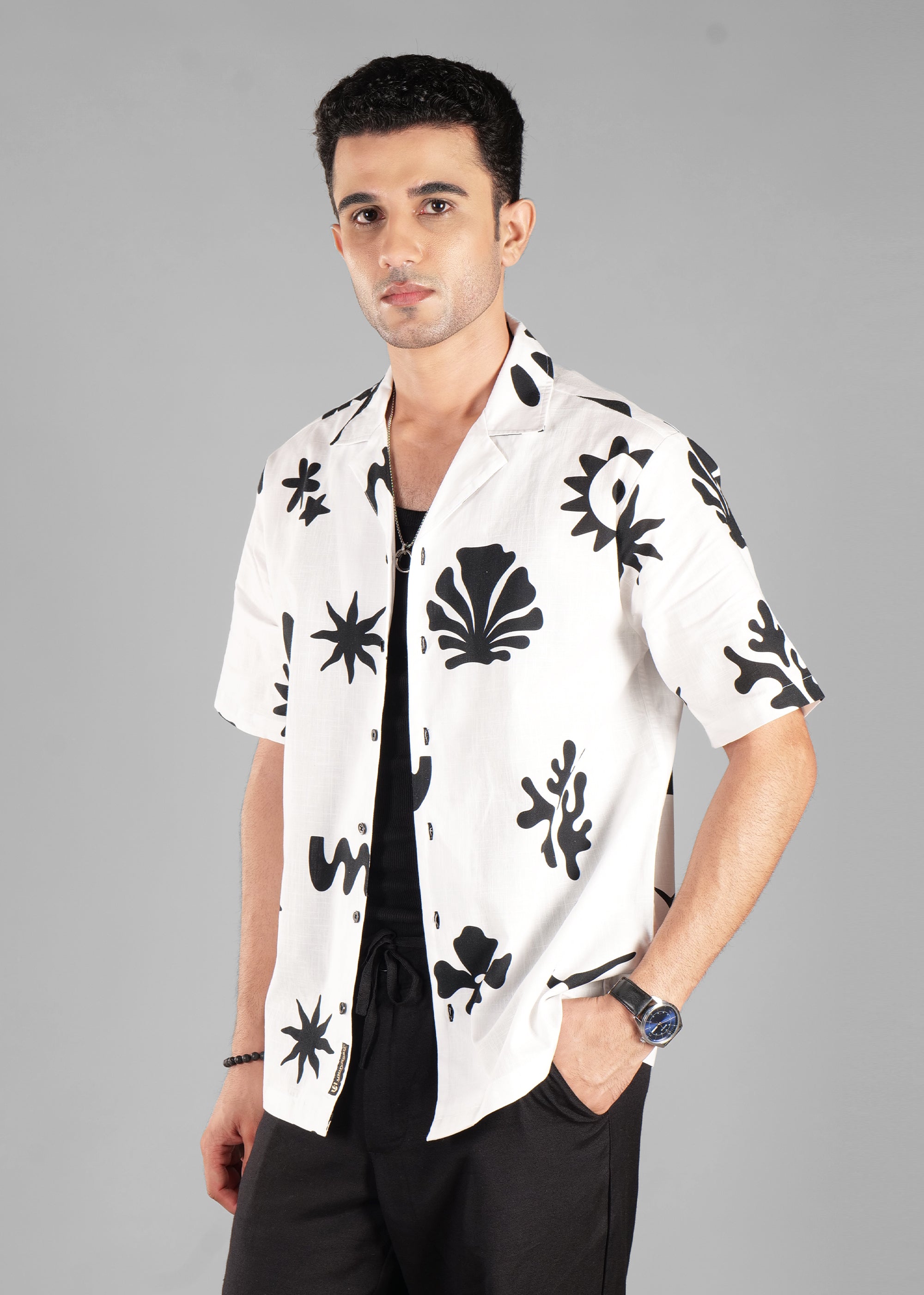 Black and White Printed Cuban Collar Shirt for Men