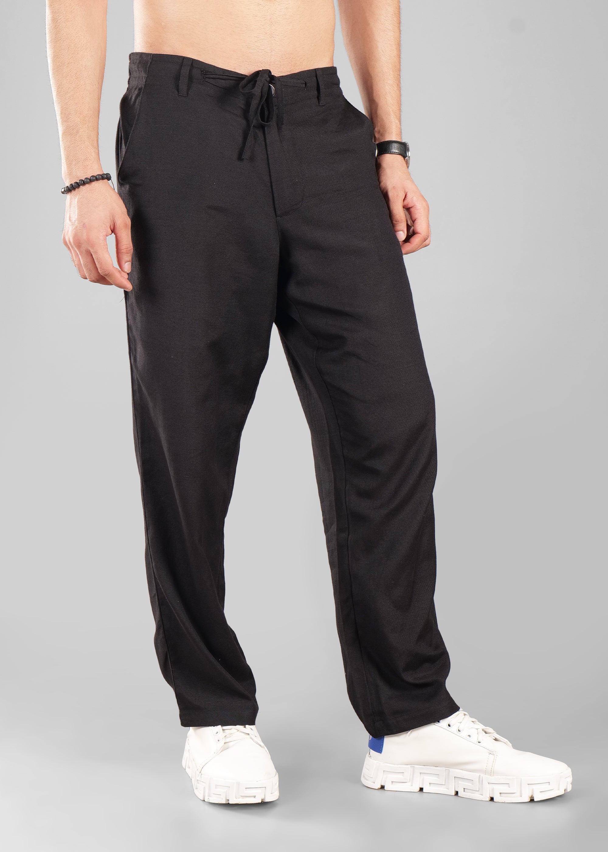 Black Linen-Blend Relaxed Pants for Men