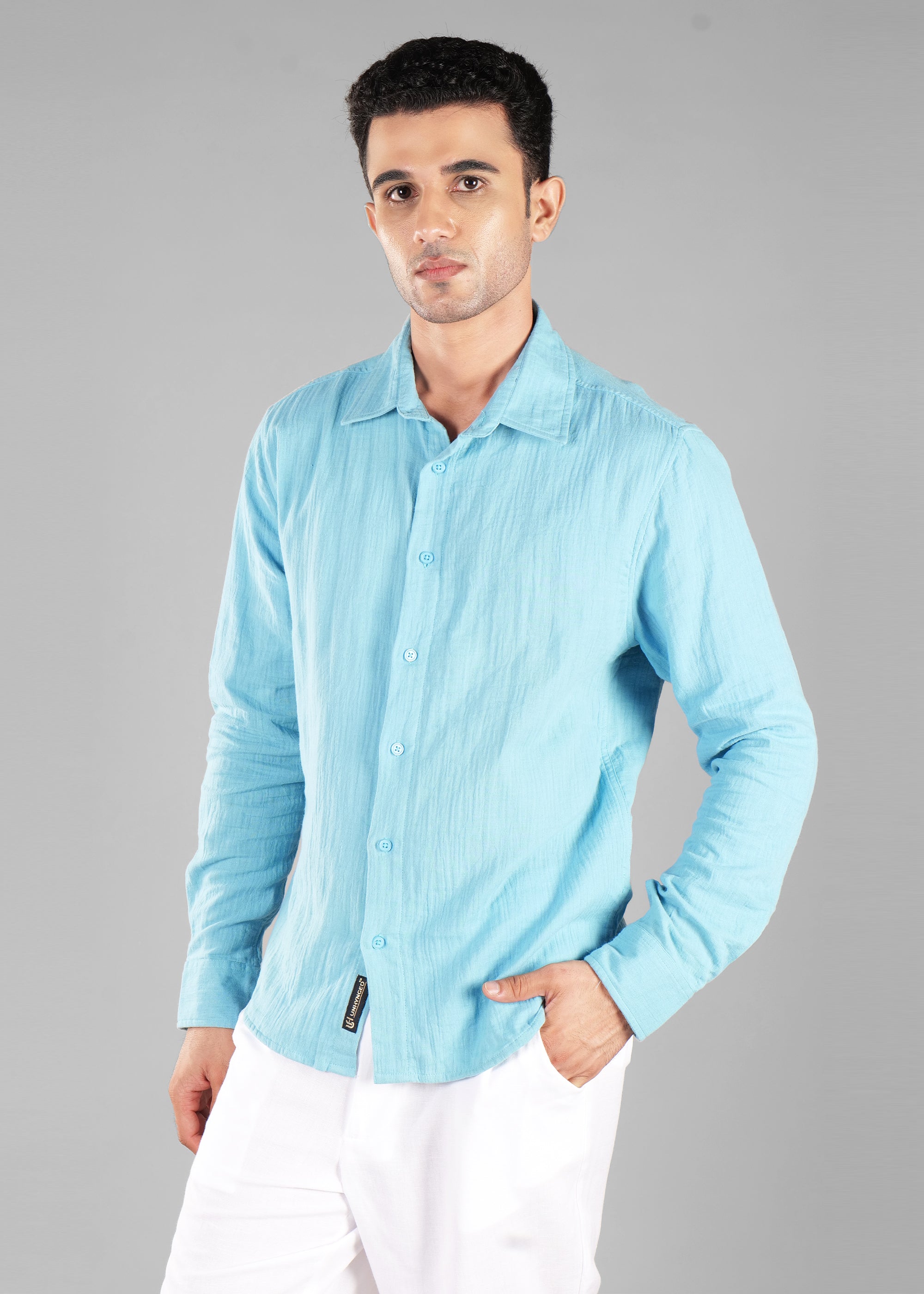 Soft Chambray Long Sleeve Crinkled Cotton Shirt for Men