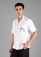 White Embroidered Cuban Collar Shirt for Men