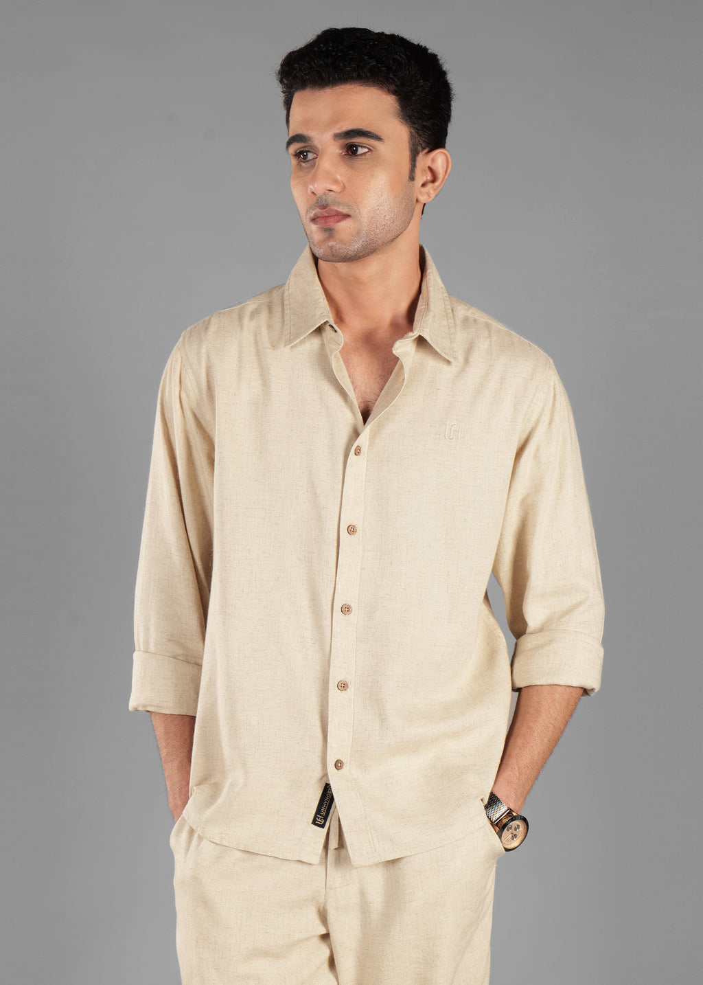 Beige Linen-Blend Classic Shirt for Men