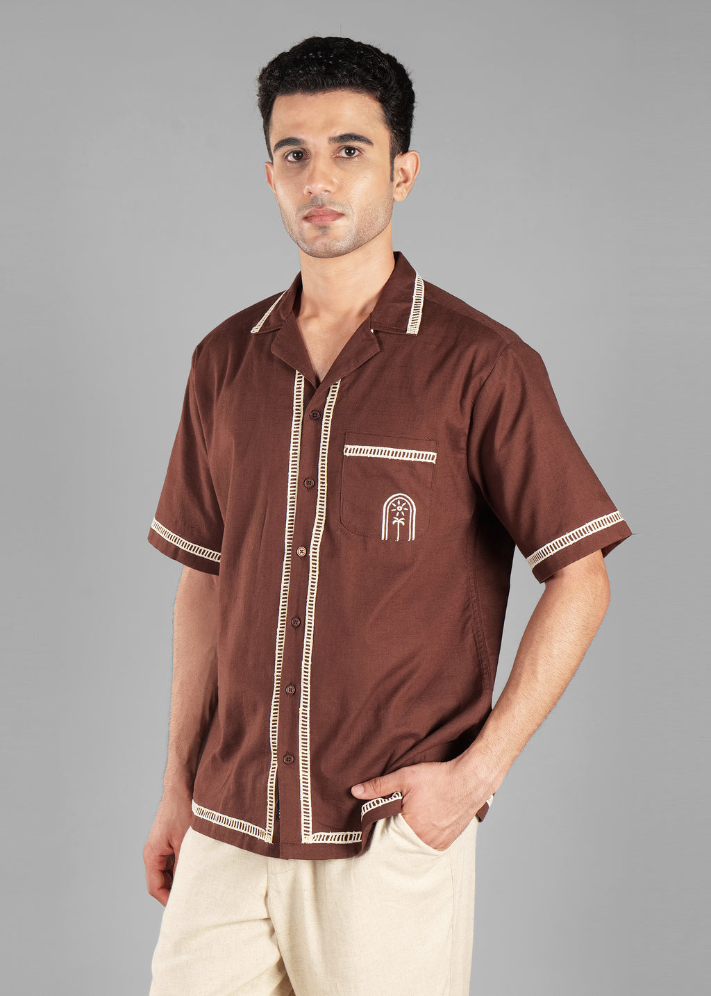 Coffee Bean Embroidered Cuban Collar Shirt for Men