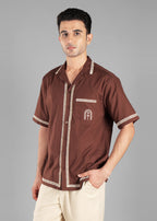 Coffee Bean Embroidered Cuban Collar Shirt for Men