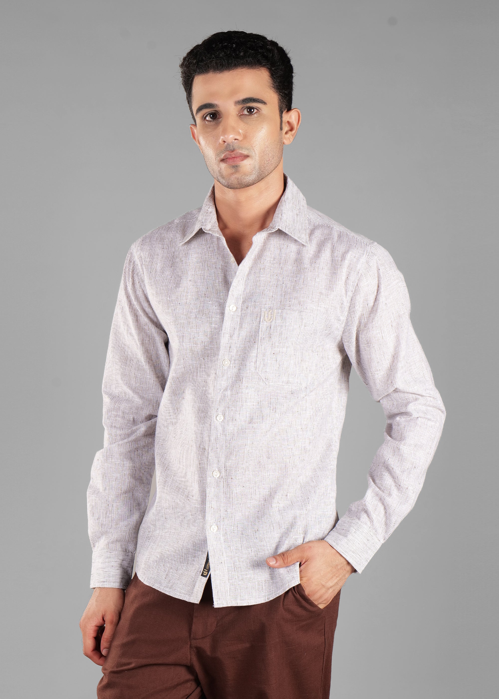 Brown Linen-Blend Striped Shirt for Men