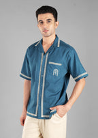 Harbour Blue Embroidered Cuban Collar Shirt for Men
