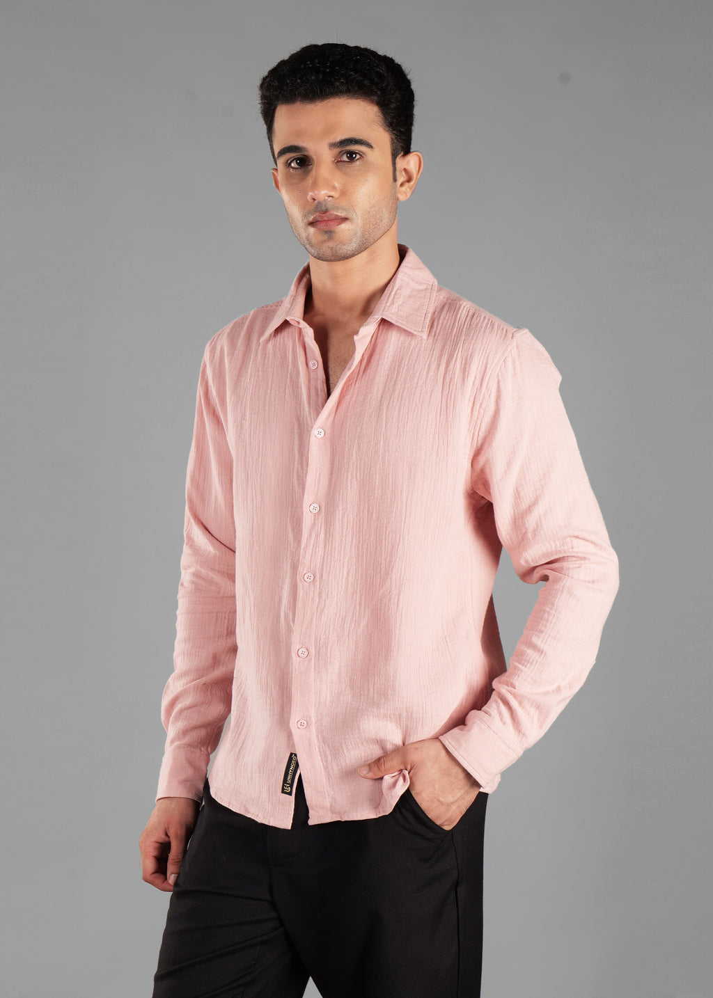 Rosy Brown (Blush Pink) Long Sleeve Crinkled Cotton Shirt for Men