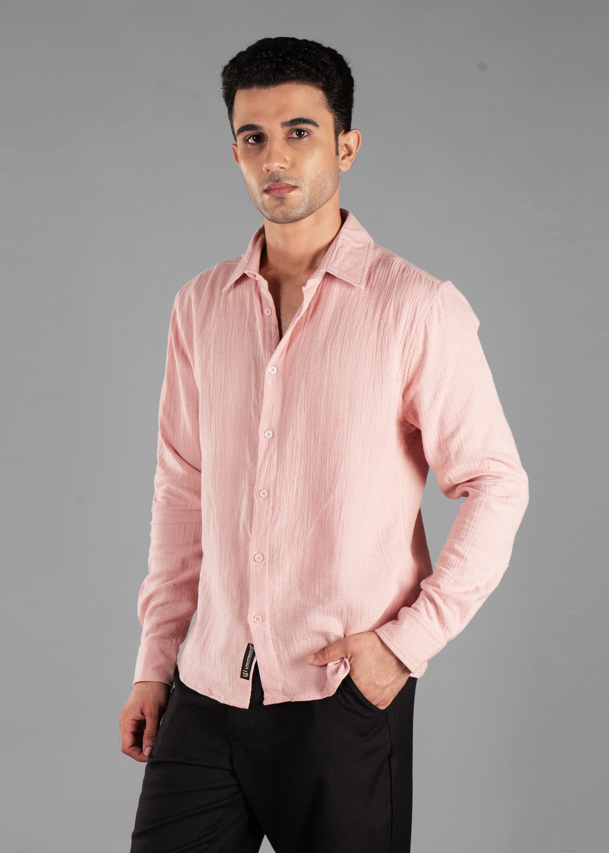 Rosy Brown (Blush Pink) Long Sleeve Crinkled Cotton Shirt for Men