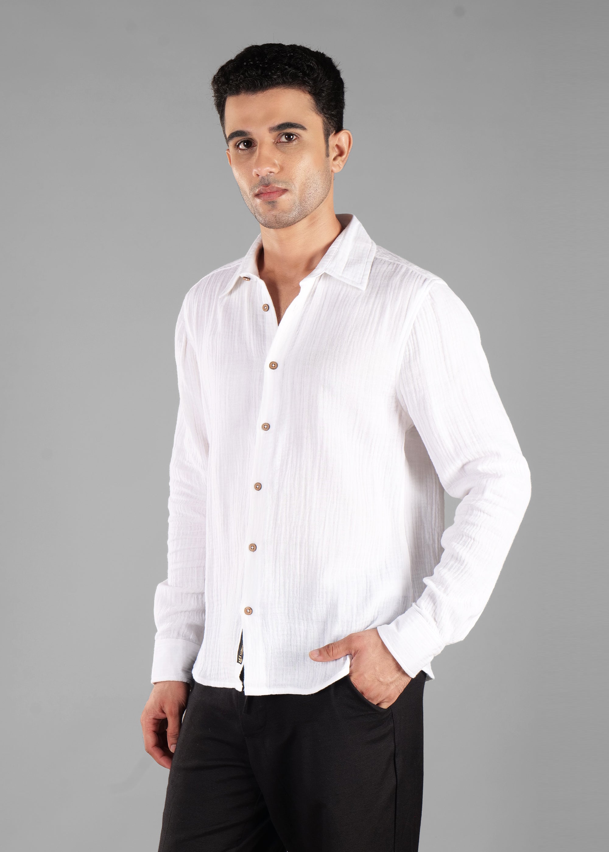 White Long Sleeve Crinkled Cotton Shirt for Men