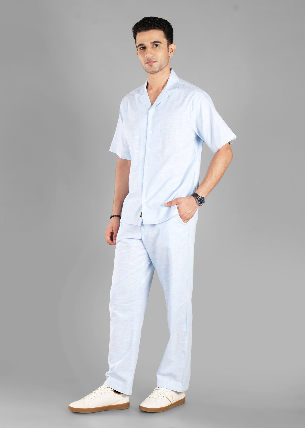 Sky Blue Linen-Blend Cuban Collar Co-ord Set for Men | Unhynged