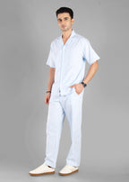 Sky Blue Linen-Blend Cuban Collar Co-ord Set for Men | Unhynged