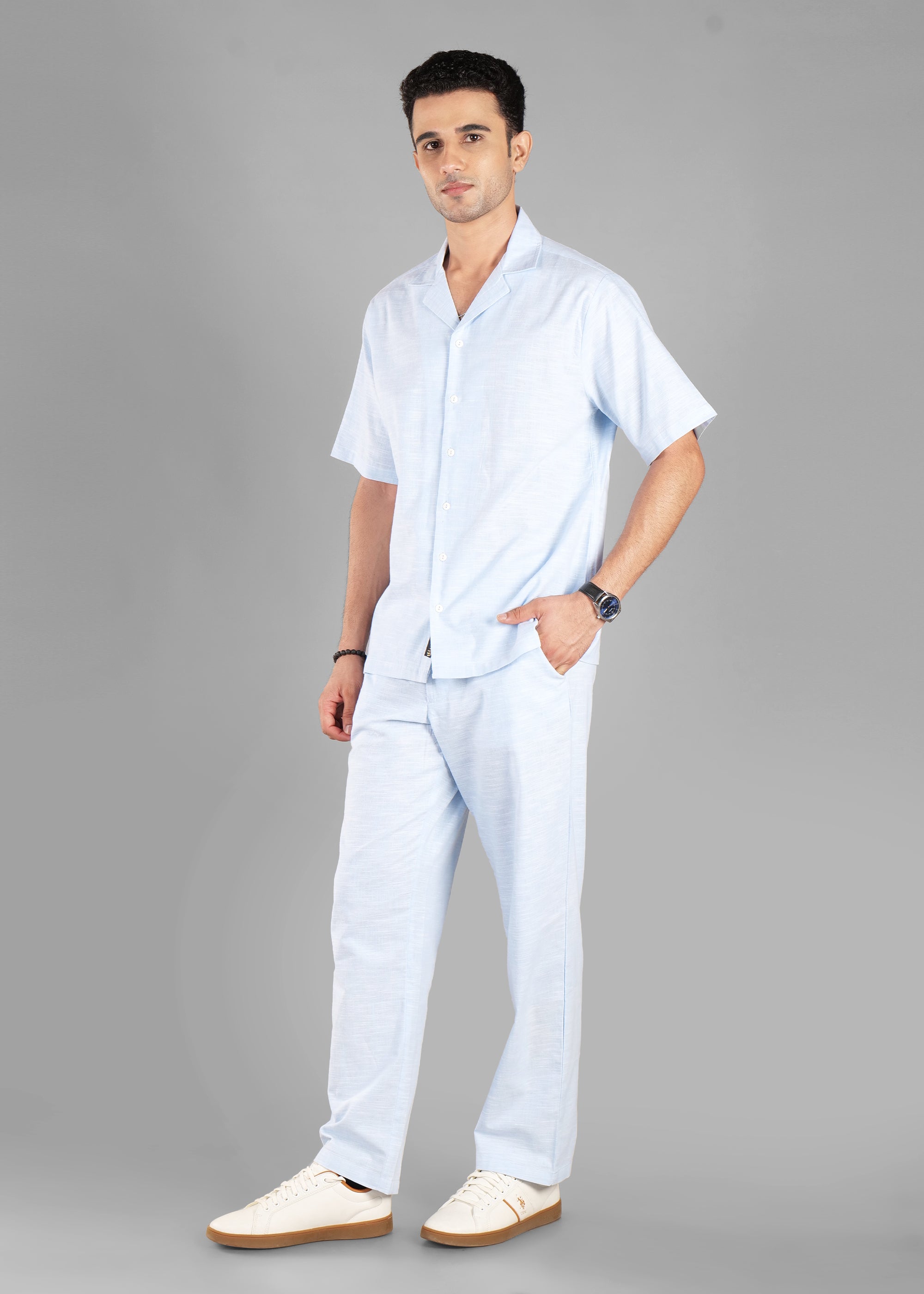 Sky Blue Linen-Blend Cuban Collar Co-ord Set for Men | Unhynged