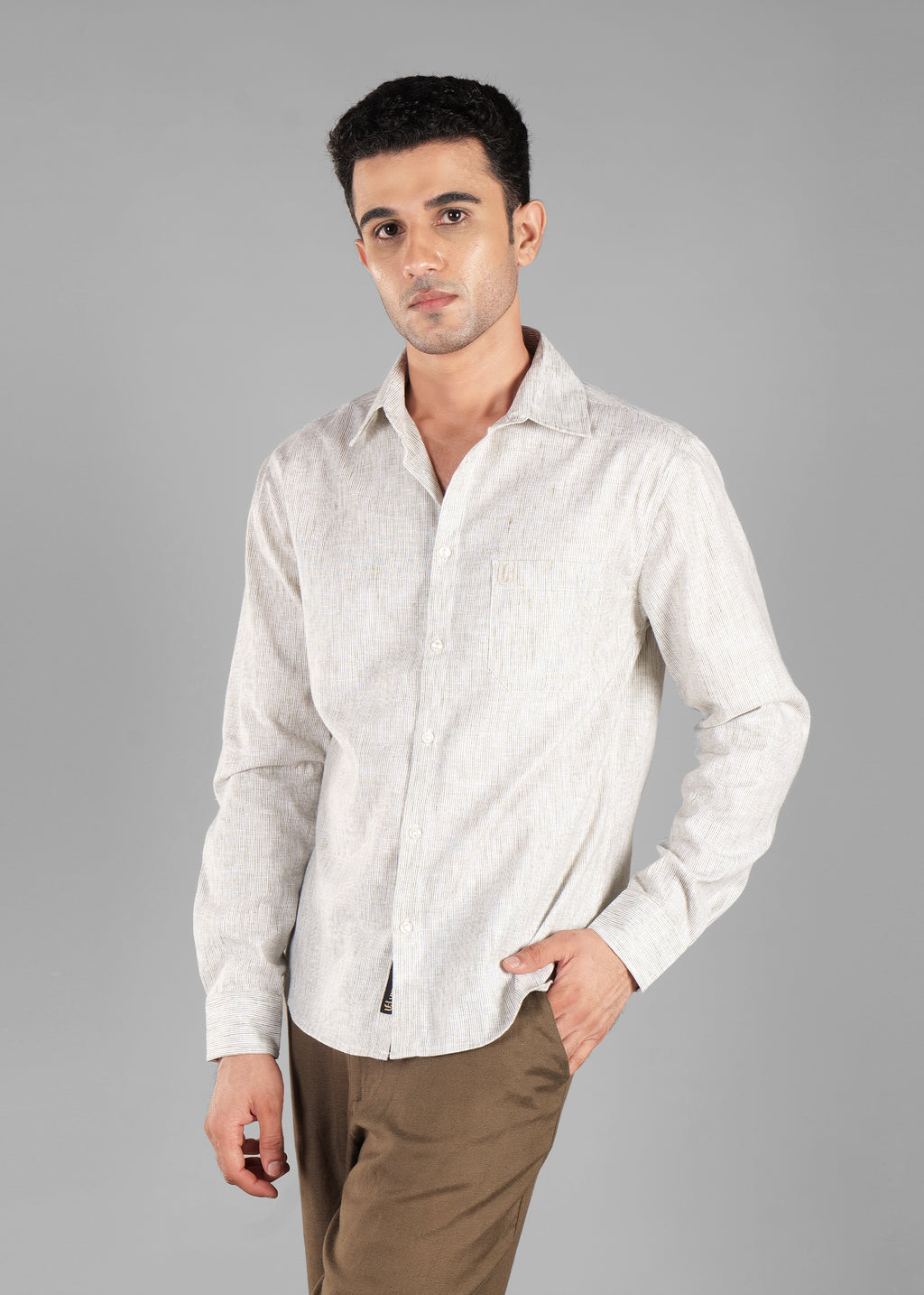 Olive Linen-Blend Striped Shirt for Men
