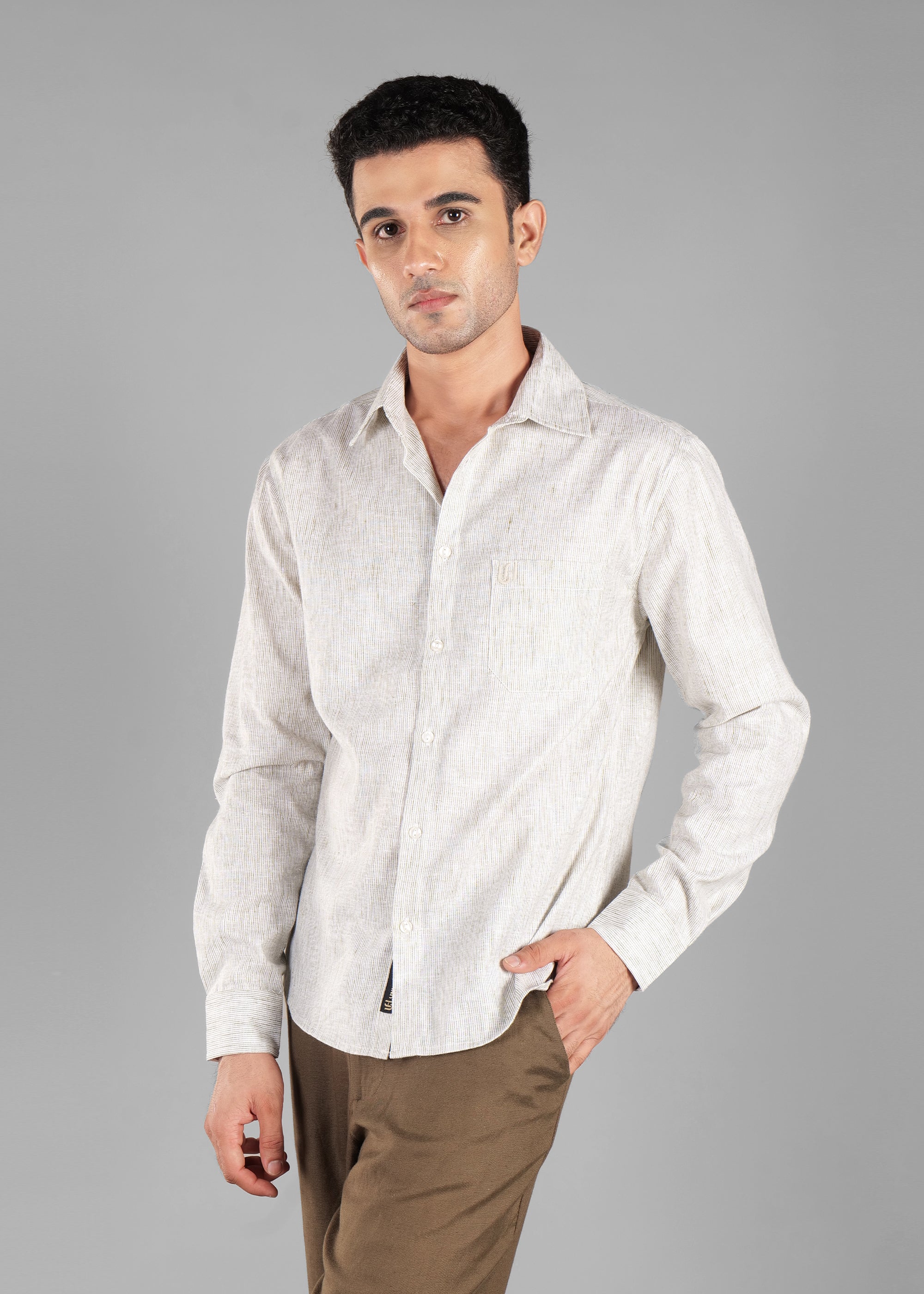 Olive Linen-Blend Striped Shirt for Men