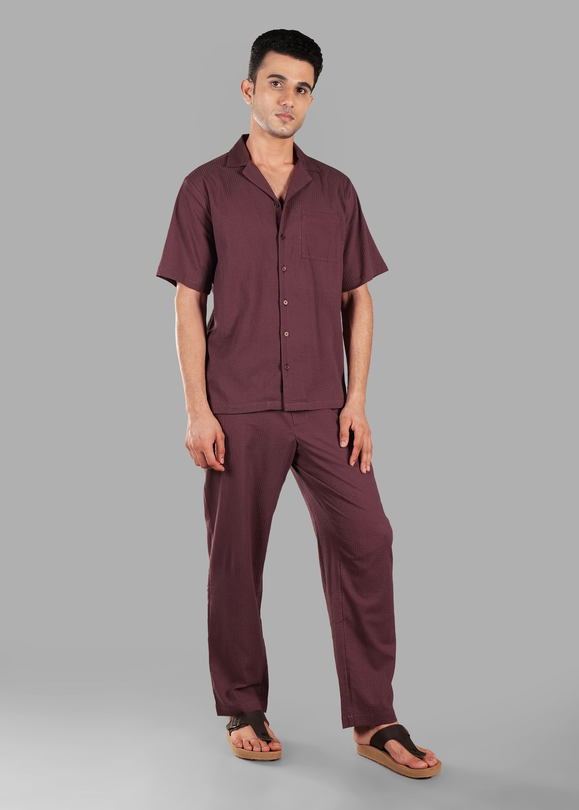 Coffee Bean Textured Cuban Collar Co-ord Set for Men | Stay Unhynged