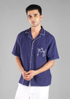 Navy Embroidered Cuban Collar Shirt for Men