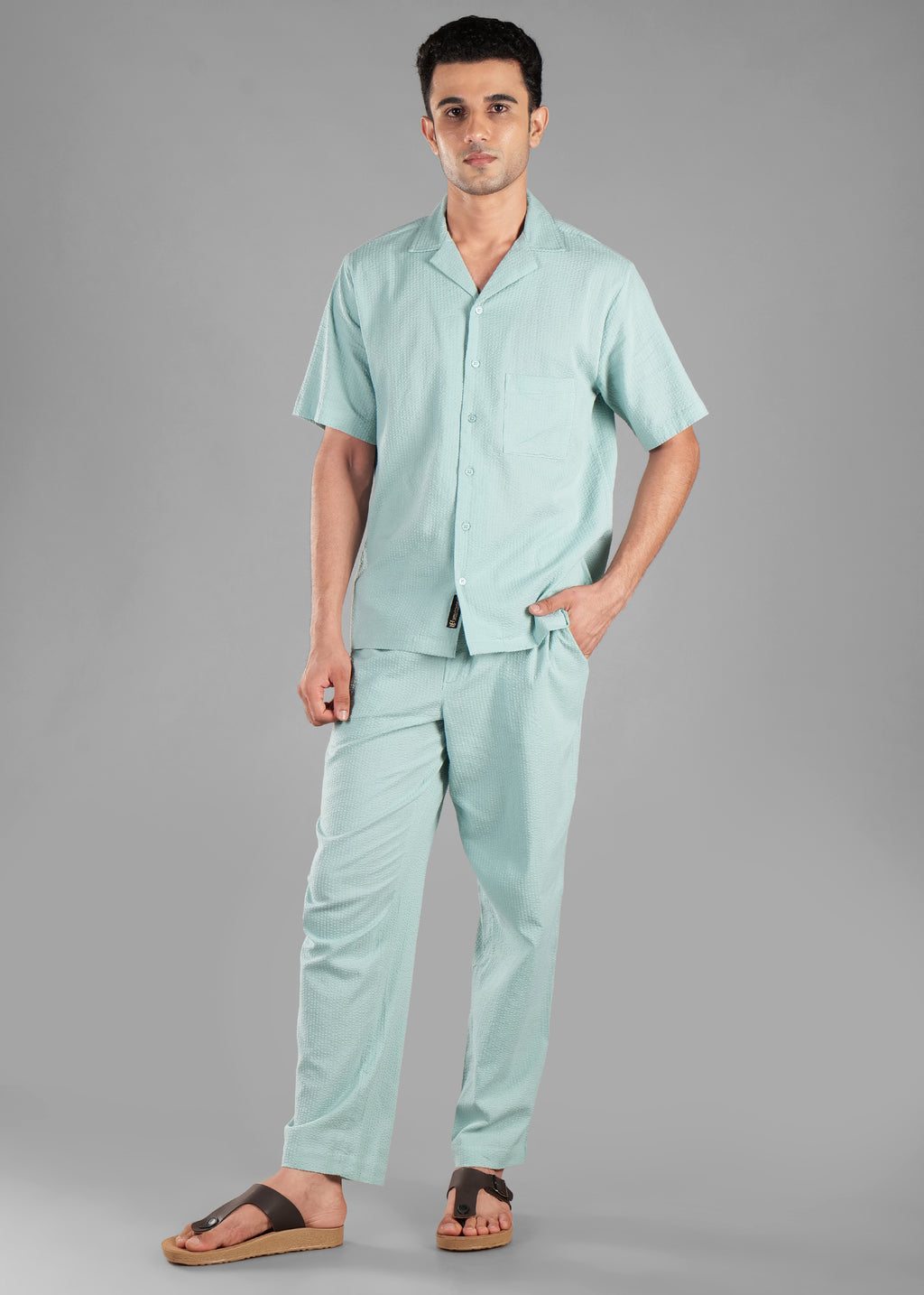 Granite Green Textured Cuban Collar Co-ord Set for Men | Stay Unhynged