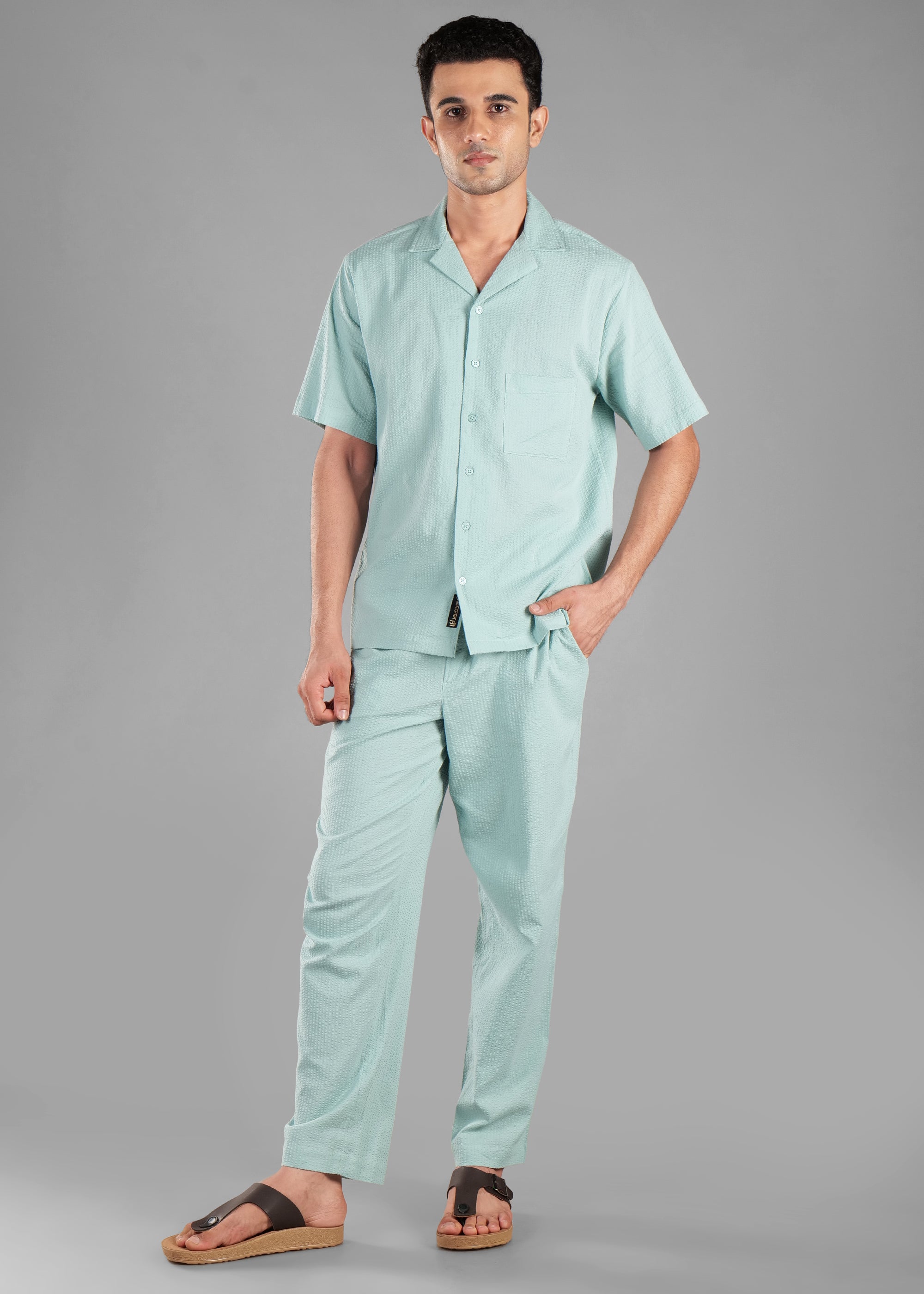 Granite Green Textured Cuban Collar Co-ord Set for Men | Stay Unhynged