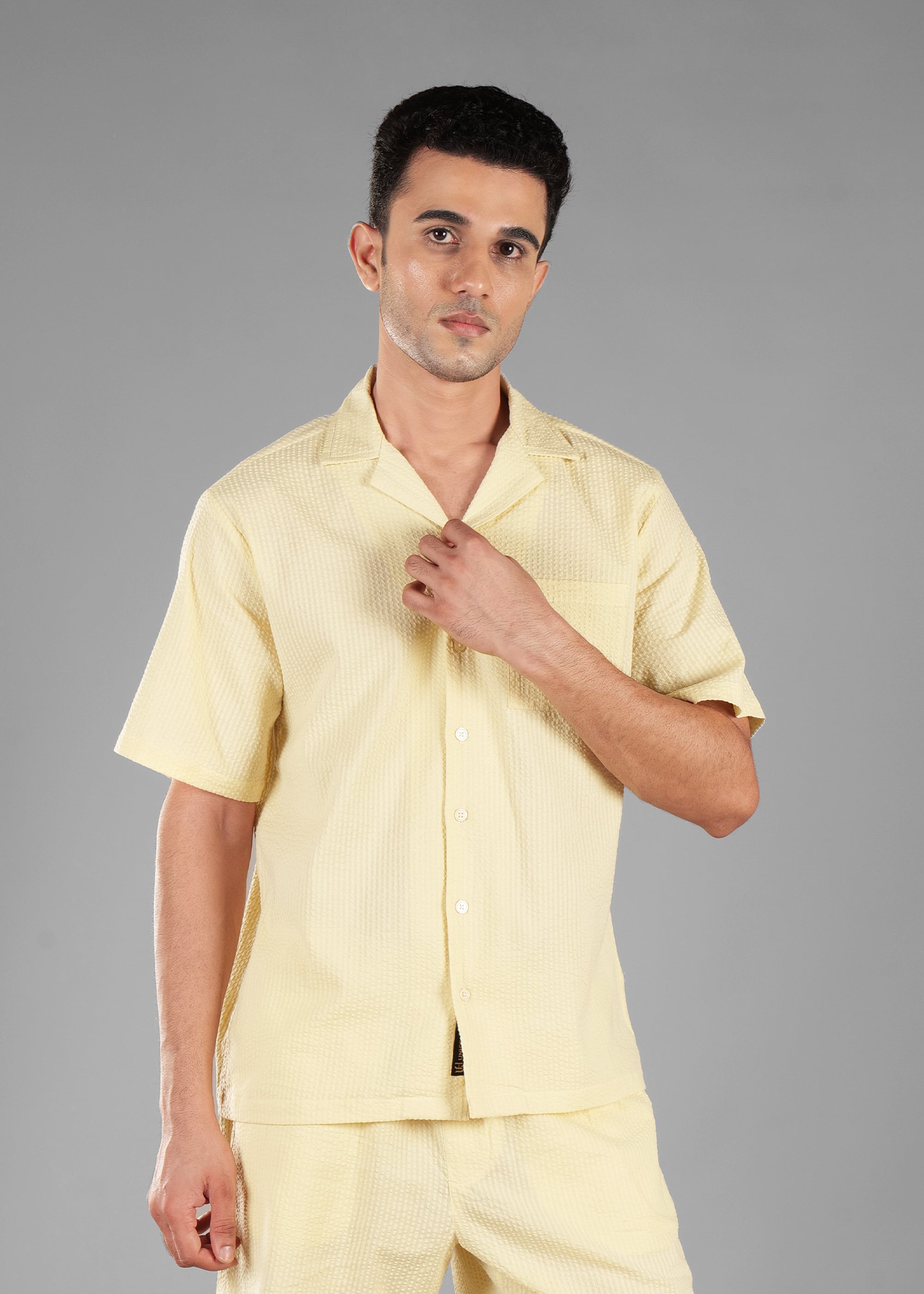 Butter Yellow Seersucker Textured Cuban Collar Shirt for Men