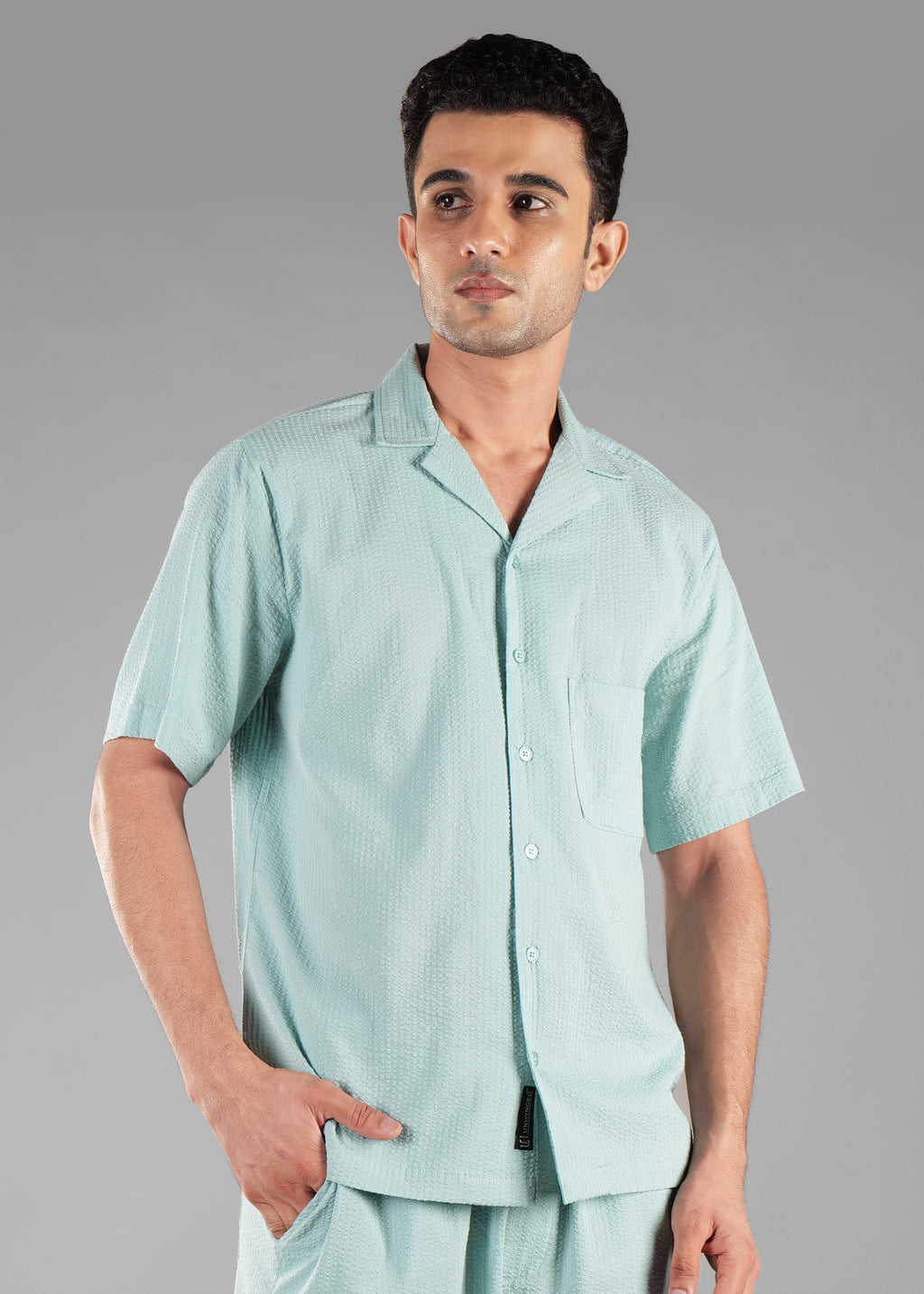 Granite Green Seersucker Textured Cuban Collar Shirt for Men