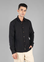 Black Long Sleeve Crinkled Cotton Shirt for Men
