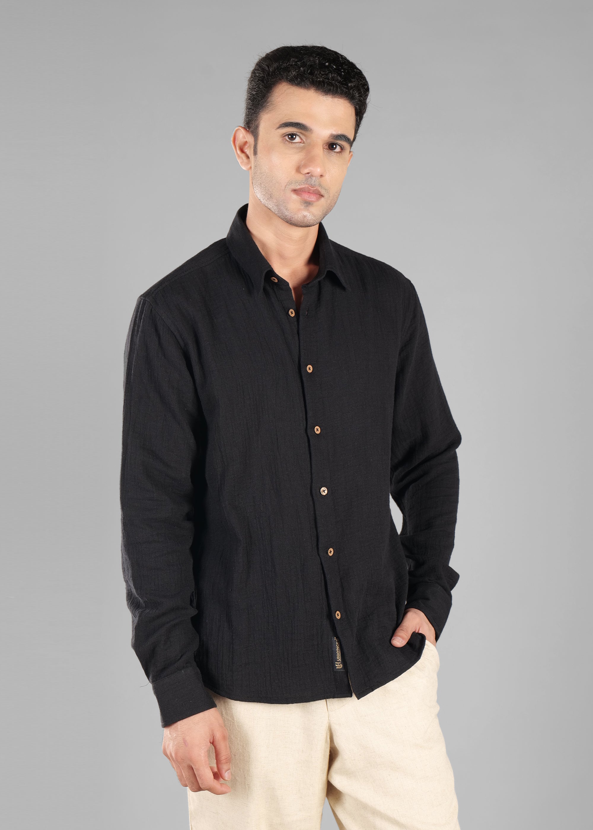 Black Long Sleeve Crinkled Cotton Shirt for Men
