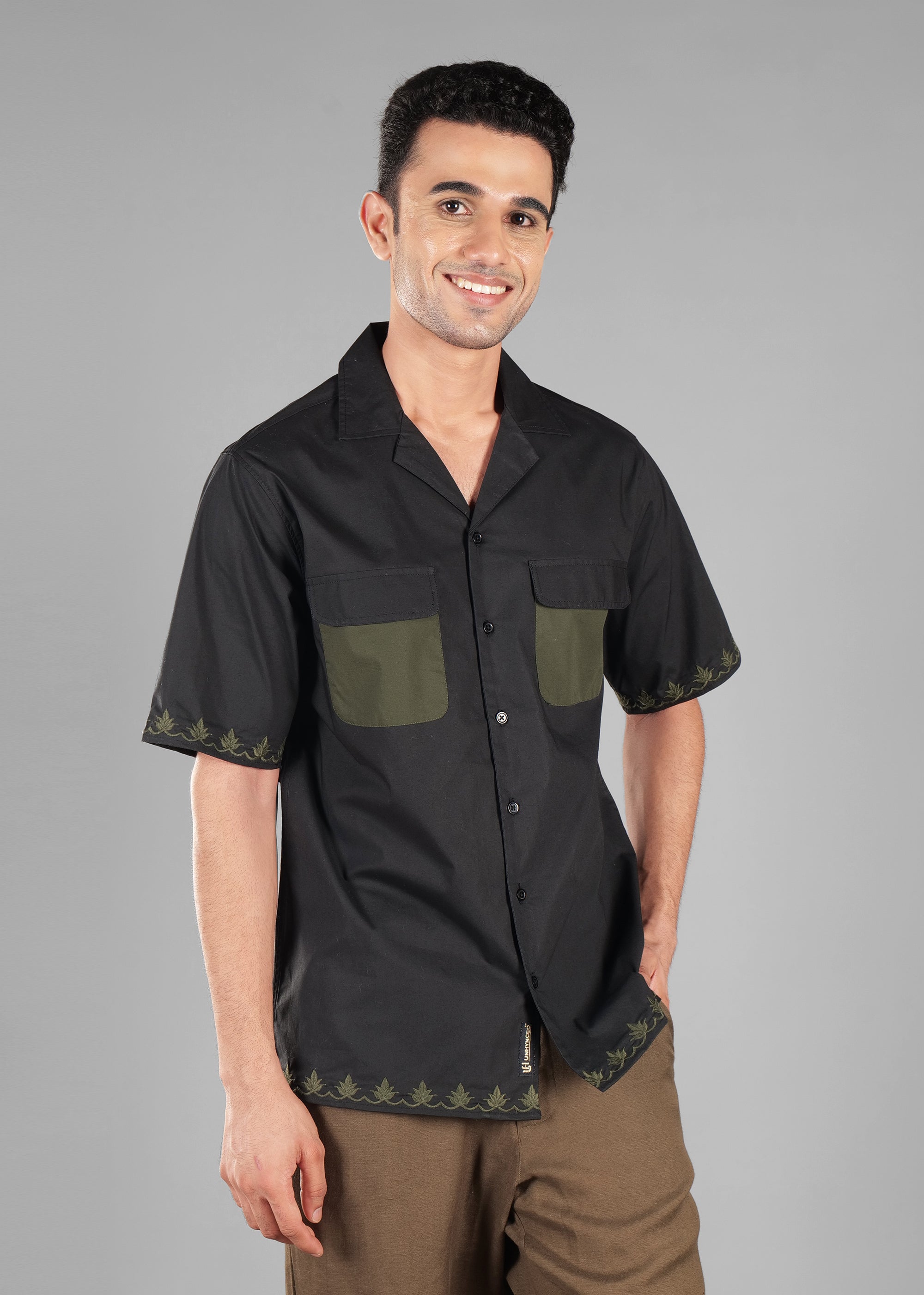 Noir Olive Dual Pocket Cotton Shirt for Men