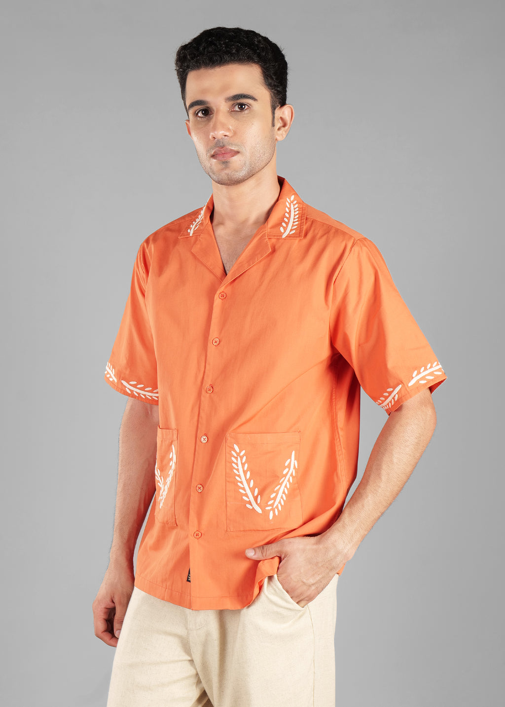 Burnt Orange Embroidered Cotton Shirt for Men