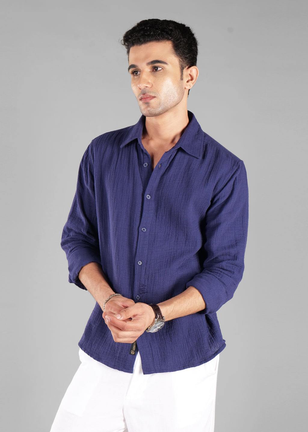 Navy Long Sleeve Crinkled Cotton Shirt for Men