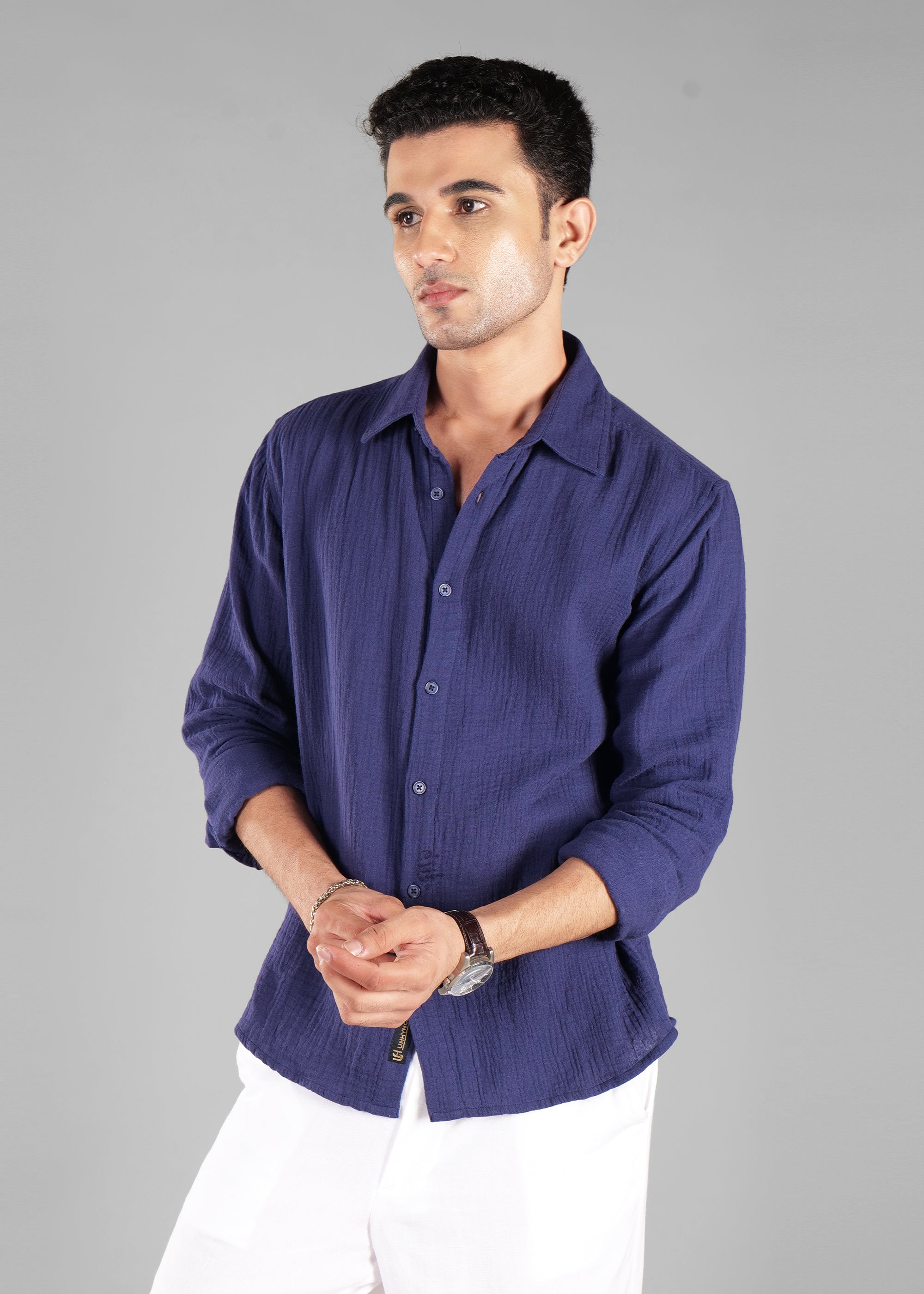 Navy Long Sleeve Crinkled Cotton Shirt for Men