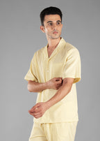 Butter Yellow Seersucker Textured Cuban Collar Shirt for Men