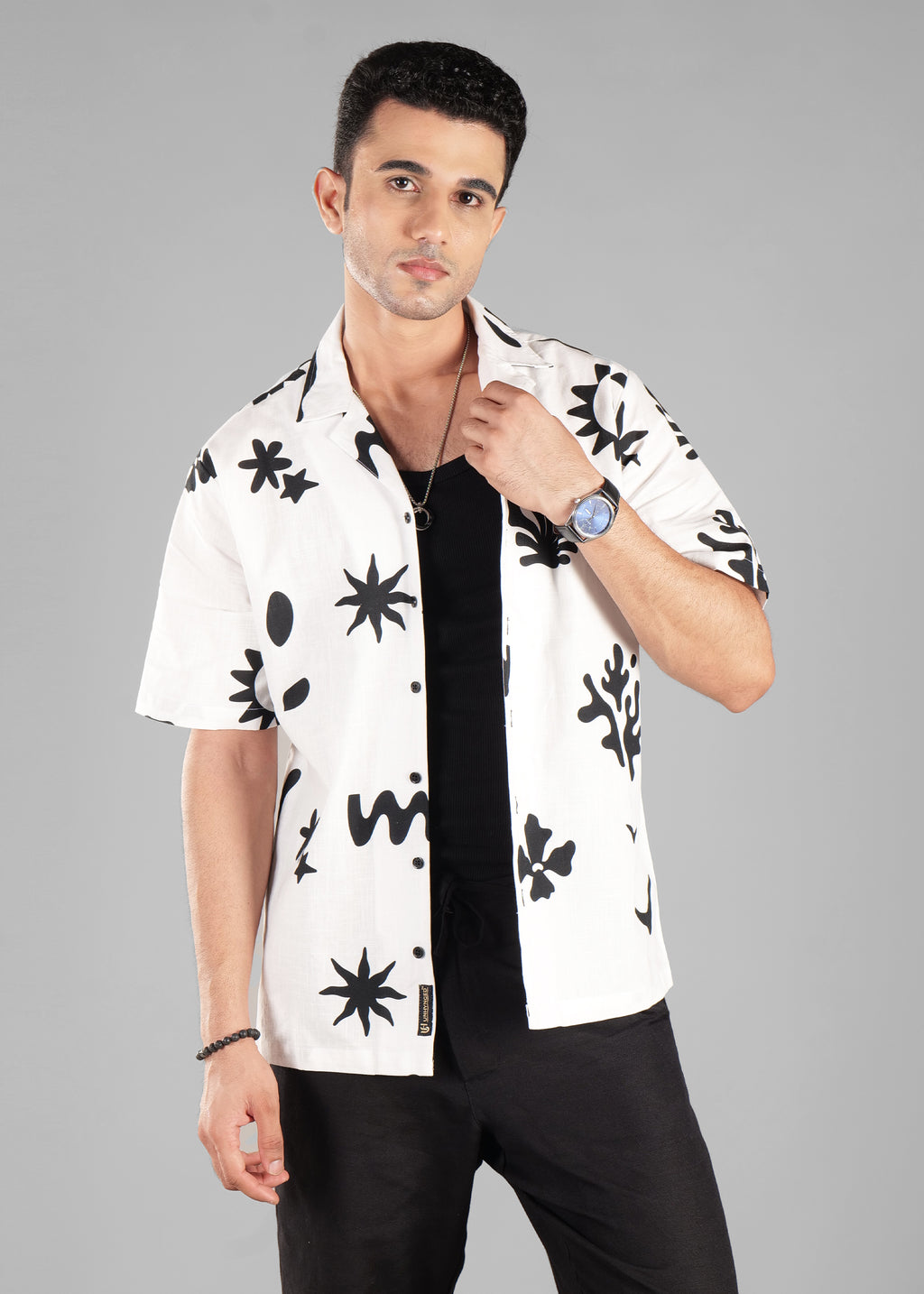 Black and White Printed Cuban Collar Shirt for Men